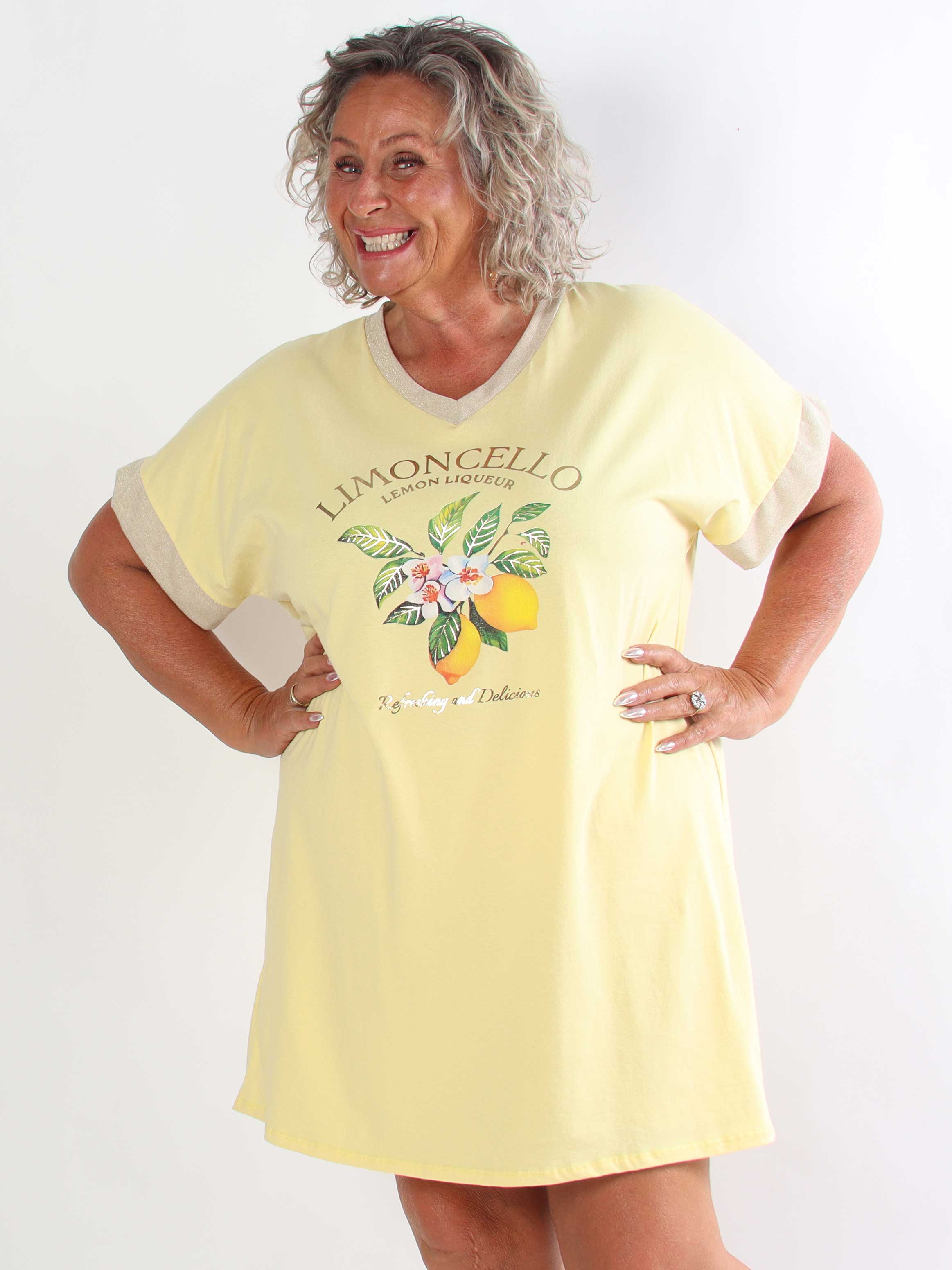 Zandra - Plus size t-shirtkjole i bomuld med citroner og guld detaljer
