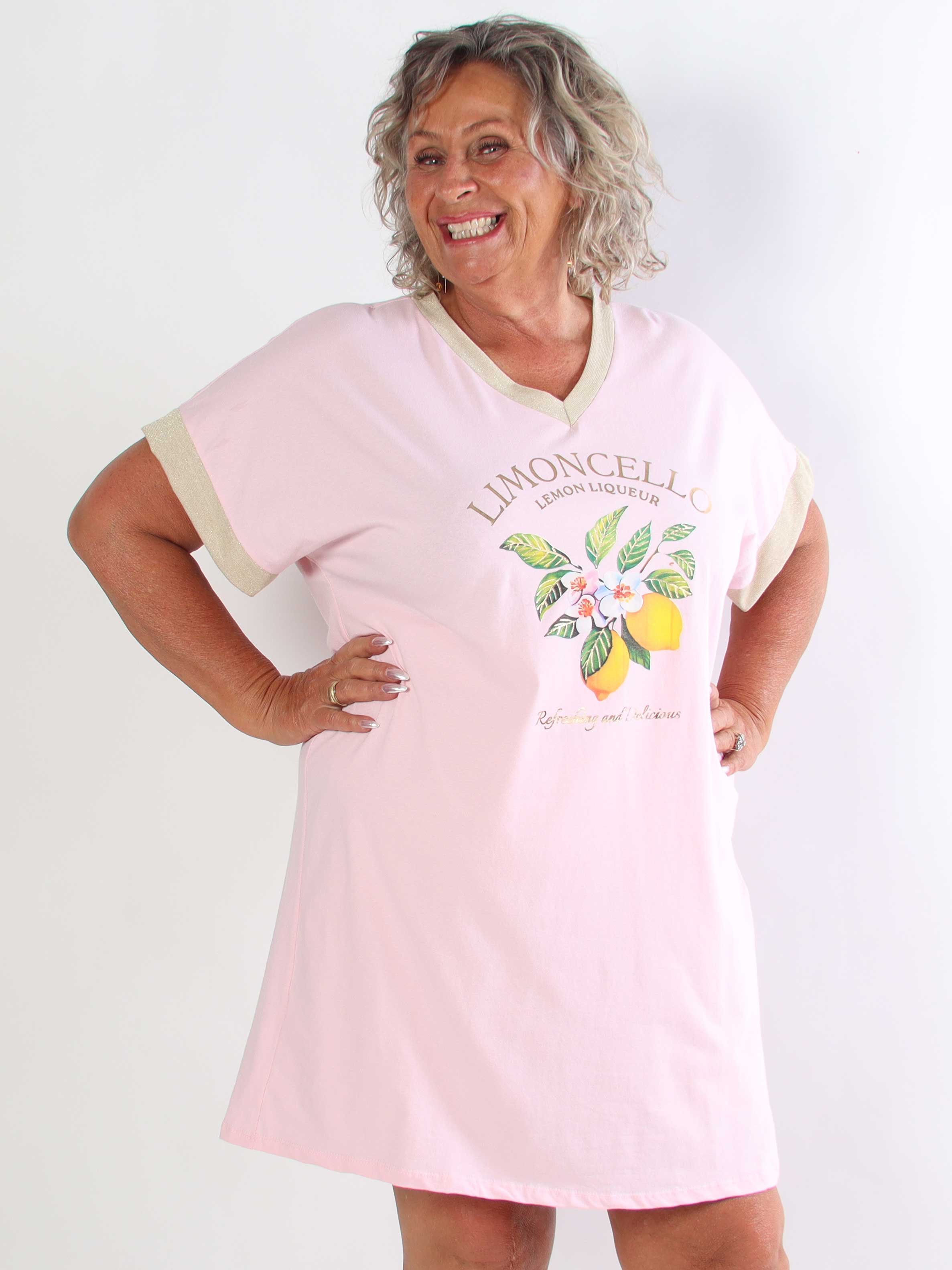 Zandra - Plus size t-shirtkjole i bomuld med citroner og guld detaljer
