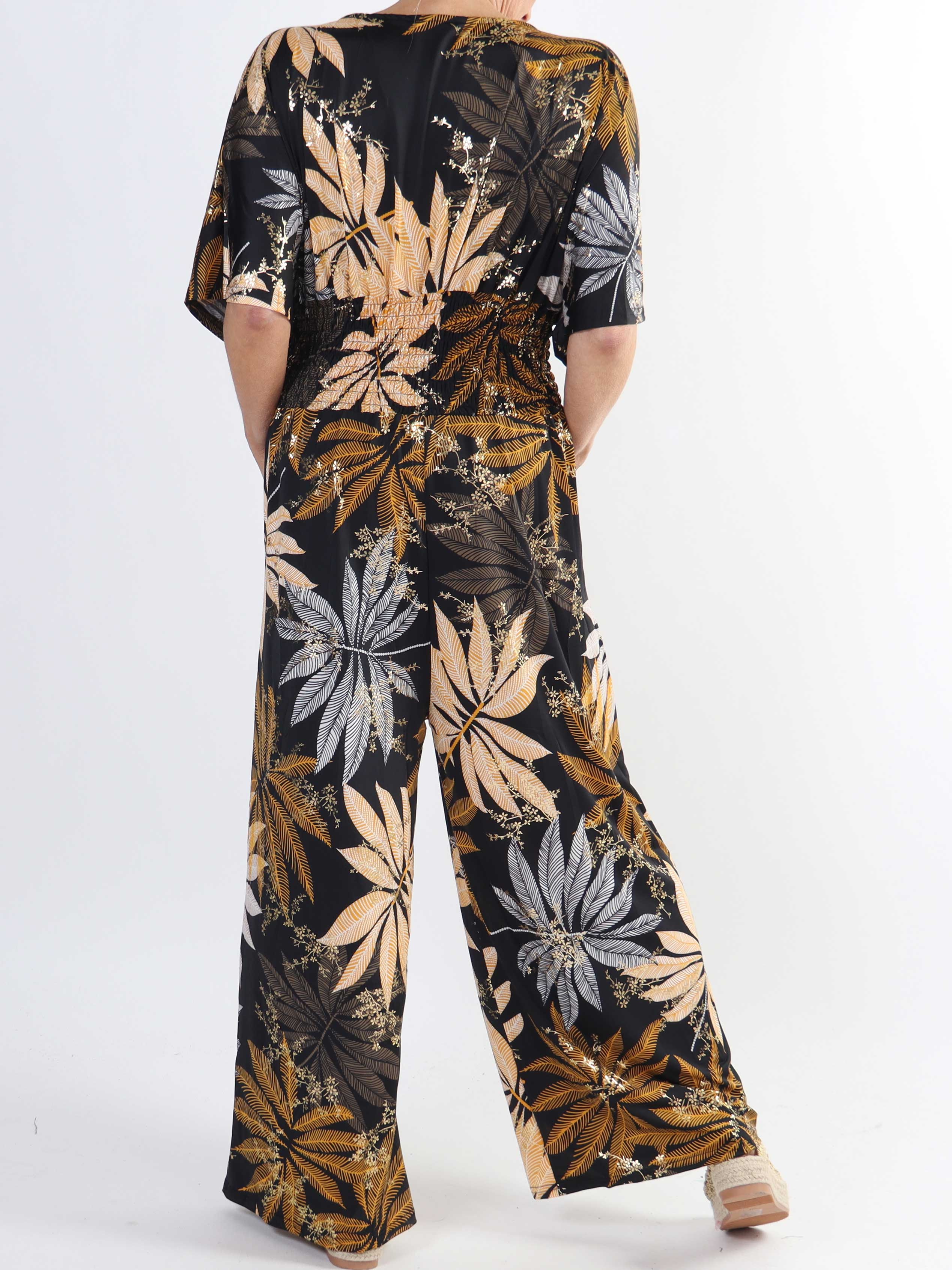 Pams Multi Leaf Jumpsuit - Jumpsuit med resår och bladmönster i stora storlekar