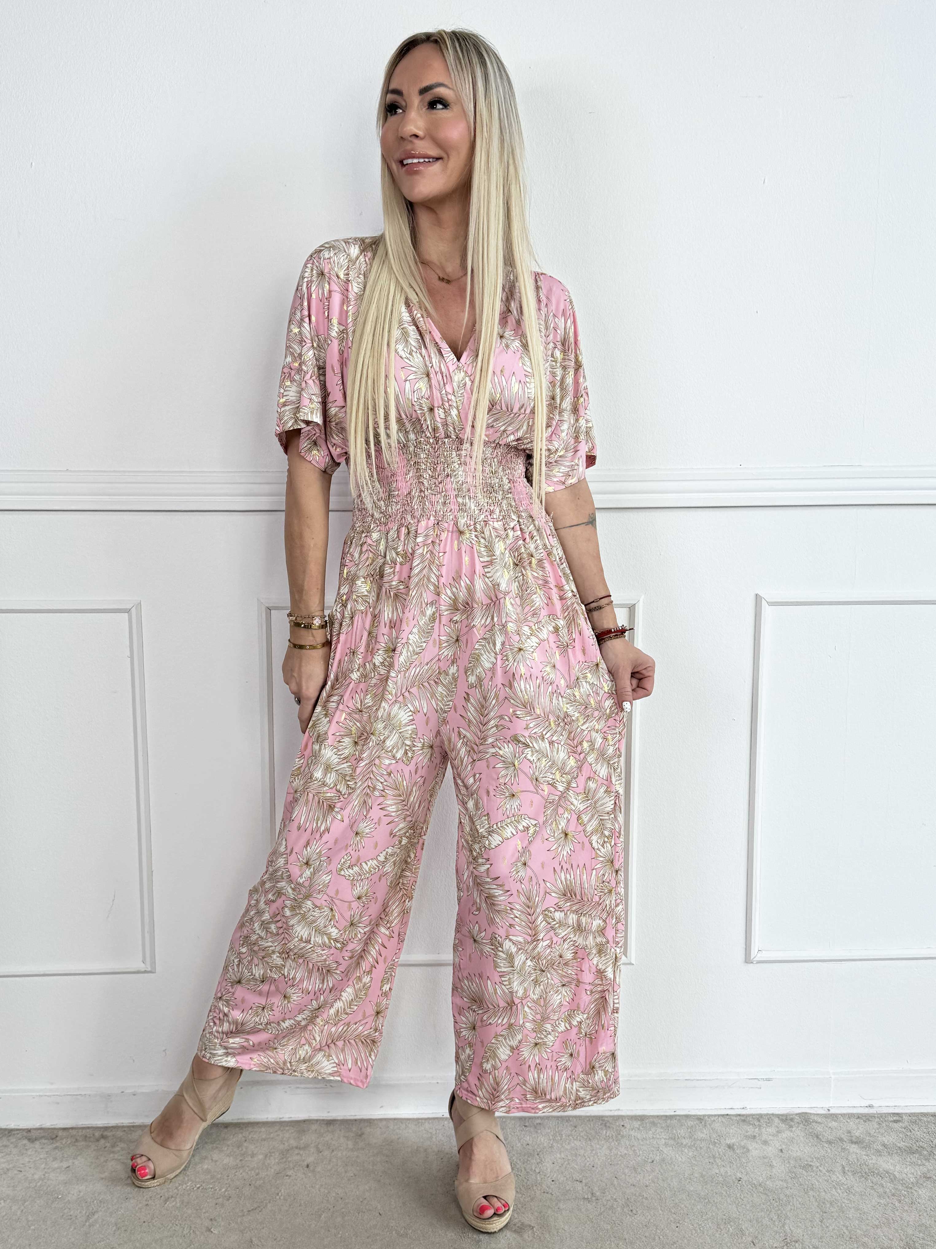 Pams Gold Leaf Jumpsuit - Elastisk buksedragt med blad mønster og guld dutter