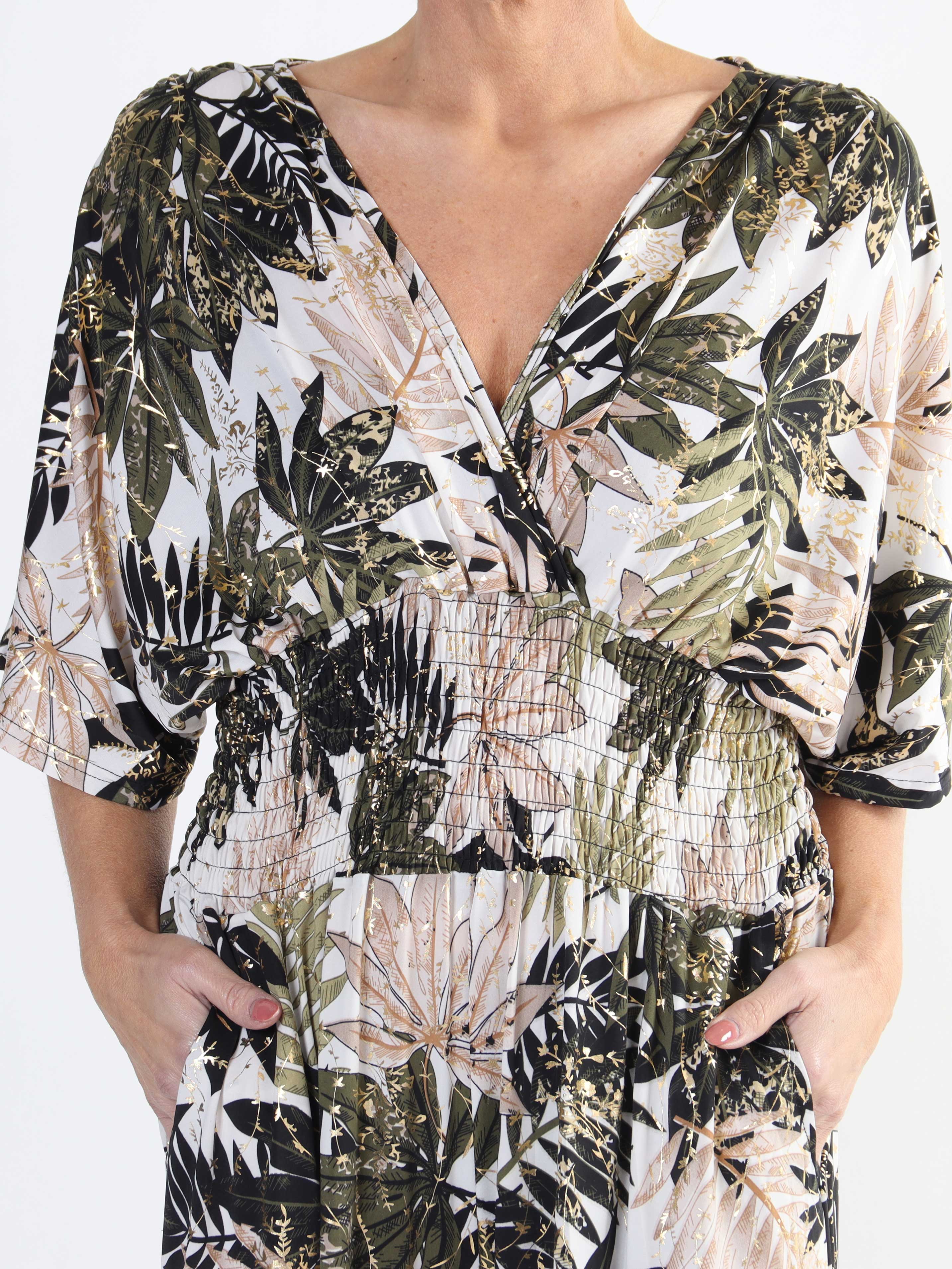 Pams Leaf Jumpsuit - Jumpsuit med resår och bladmönster i stora storlekar