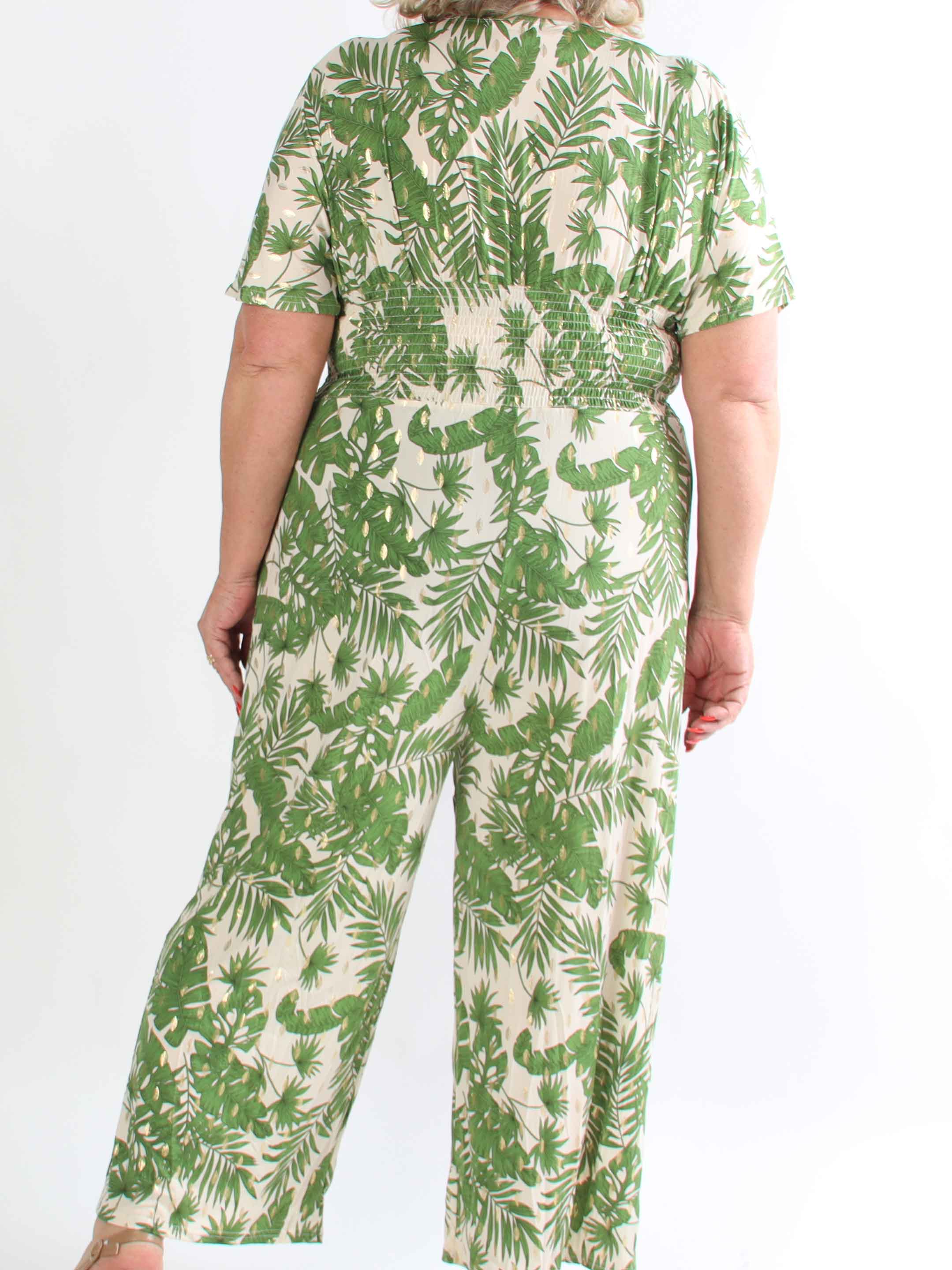 Pams Gold Leaf Jumpsuit - Plus size buksedragt med blad mønster og guld dutter