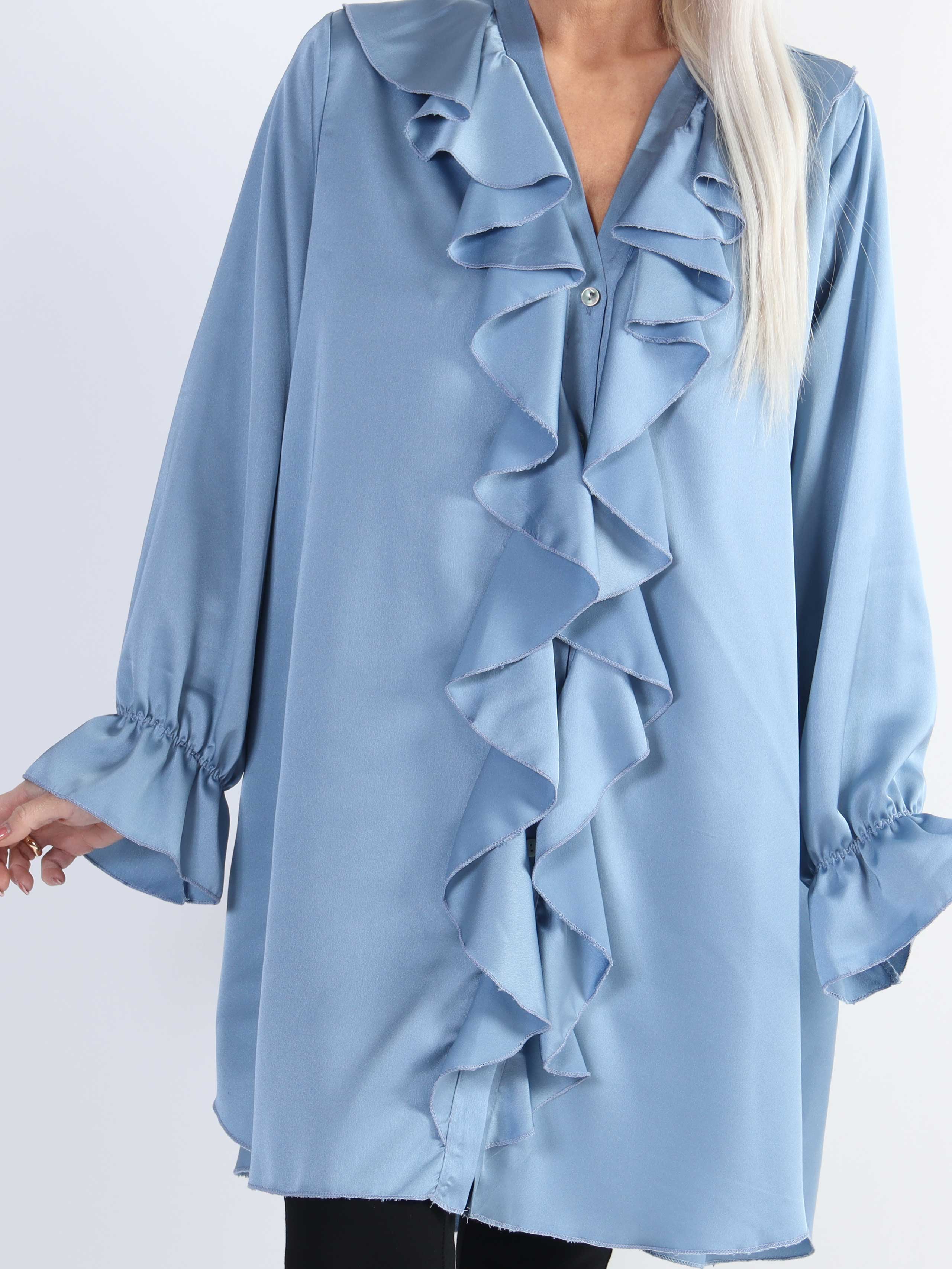 Abira - Enfärgad plus size skjortklänning i silkelook med volanger