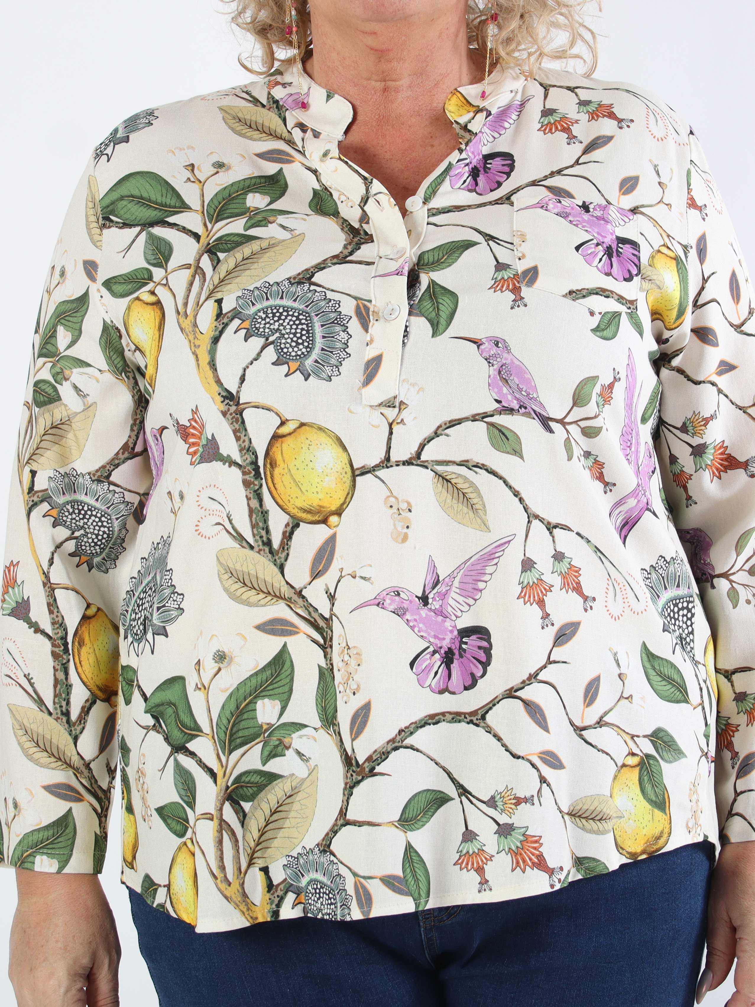 Almira - Plus size-skjorta i linne och bomull med fågelmotiv