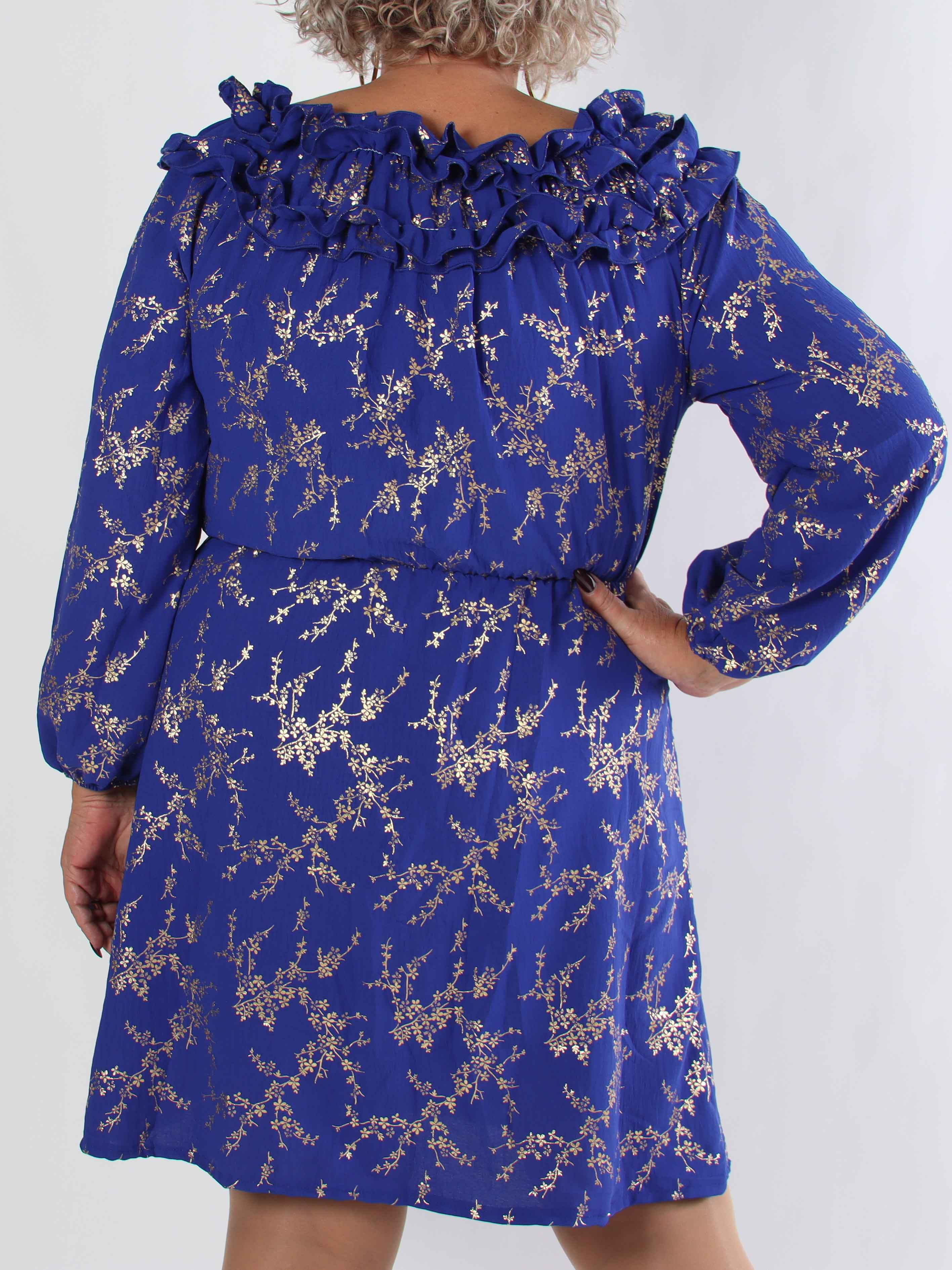 Chili Gold Fitted Dress - Plus size klänning i guldtryck med volangkant och resår i midjan