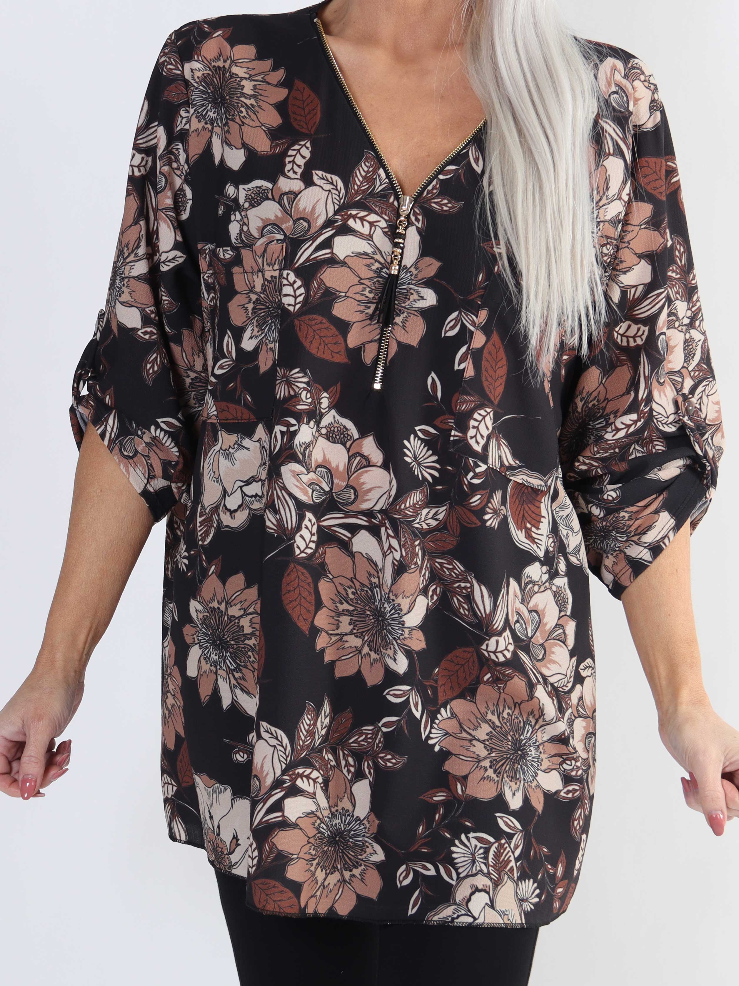 Claudia Flower - Tunika med blommigt tryck och dragkedja i plusstorlek - Grey