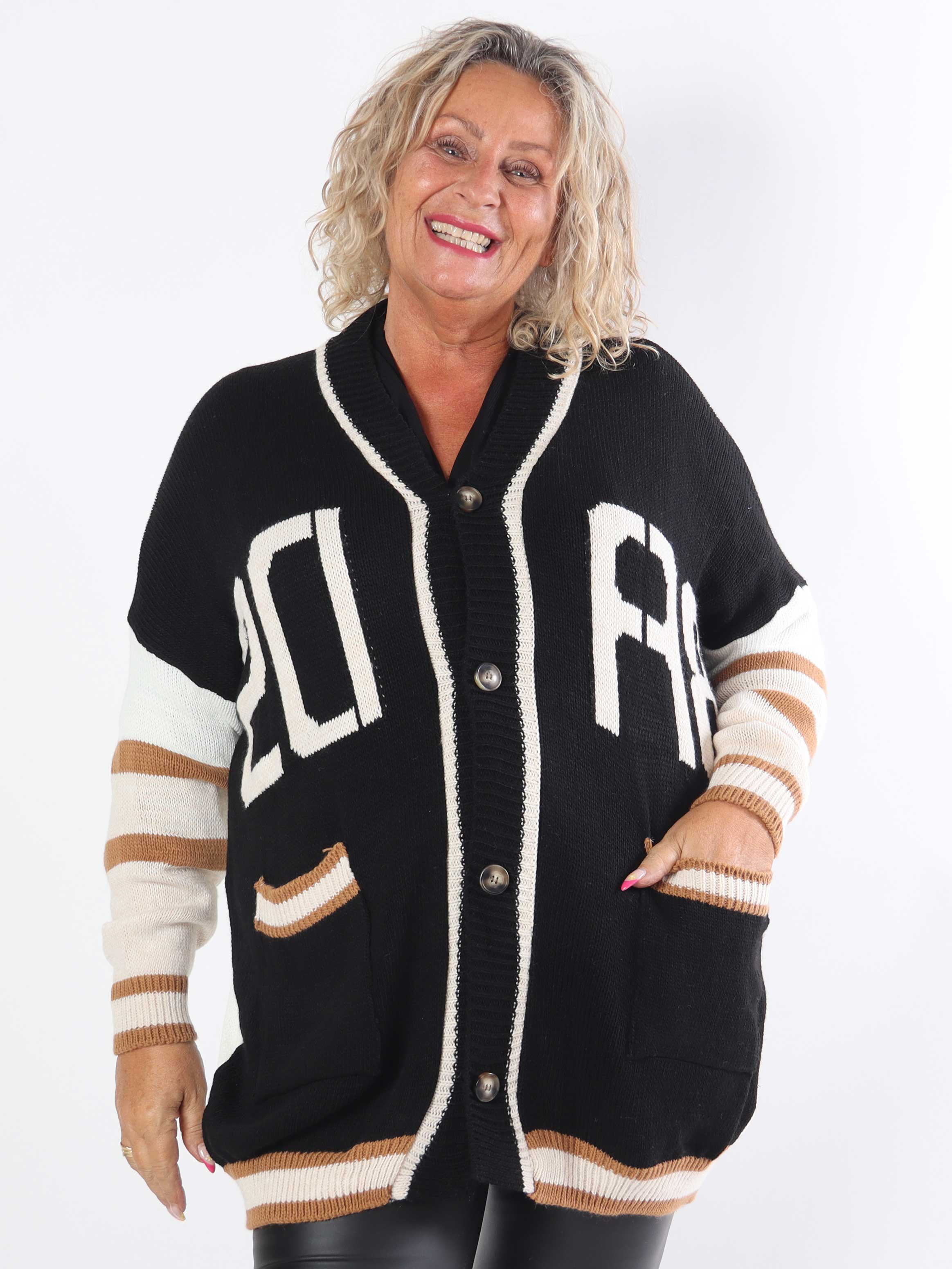 Diah - Mångfärgad college-stickad kofta i plus size