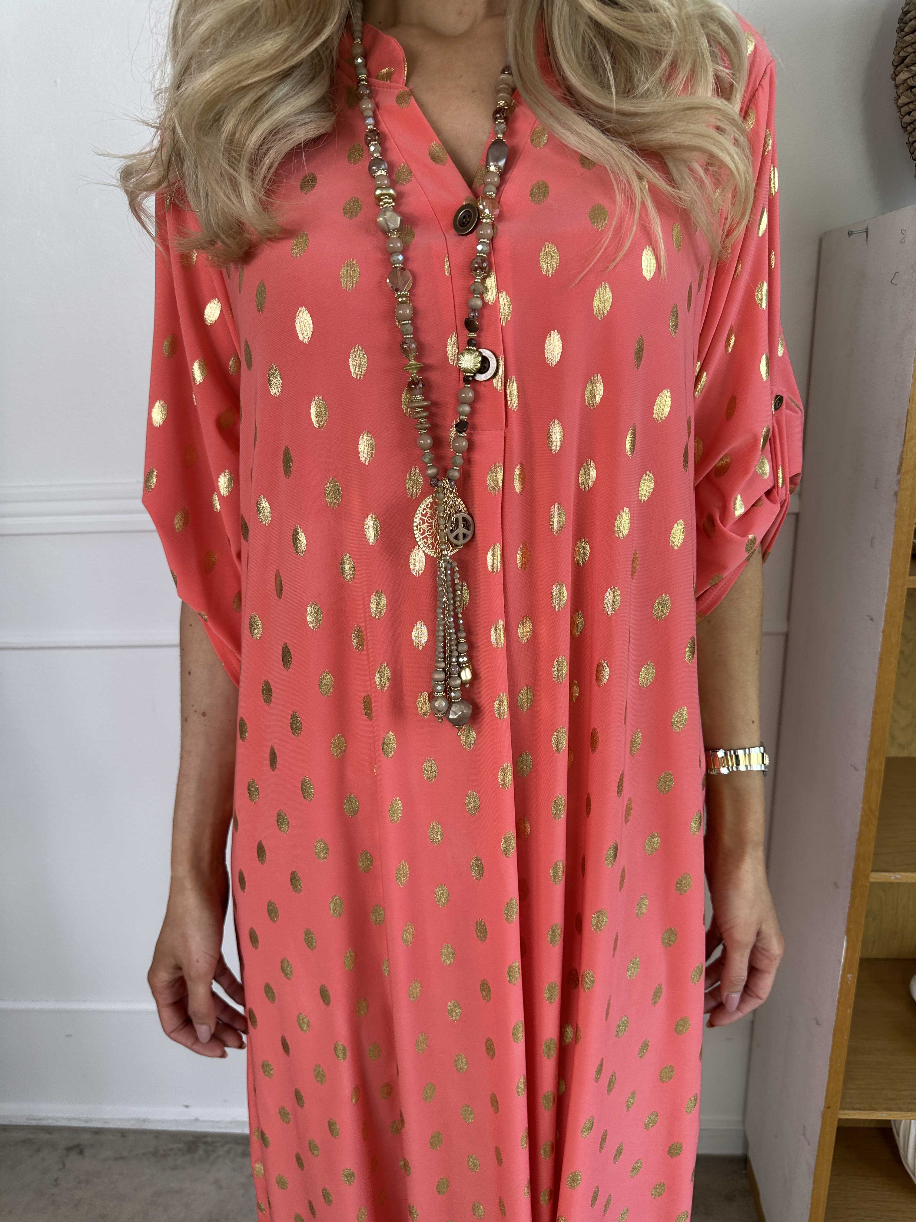Ebba Gold Dress - Lång klänning med resår och guldprickar