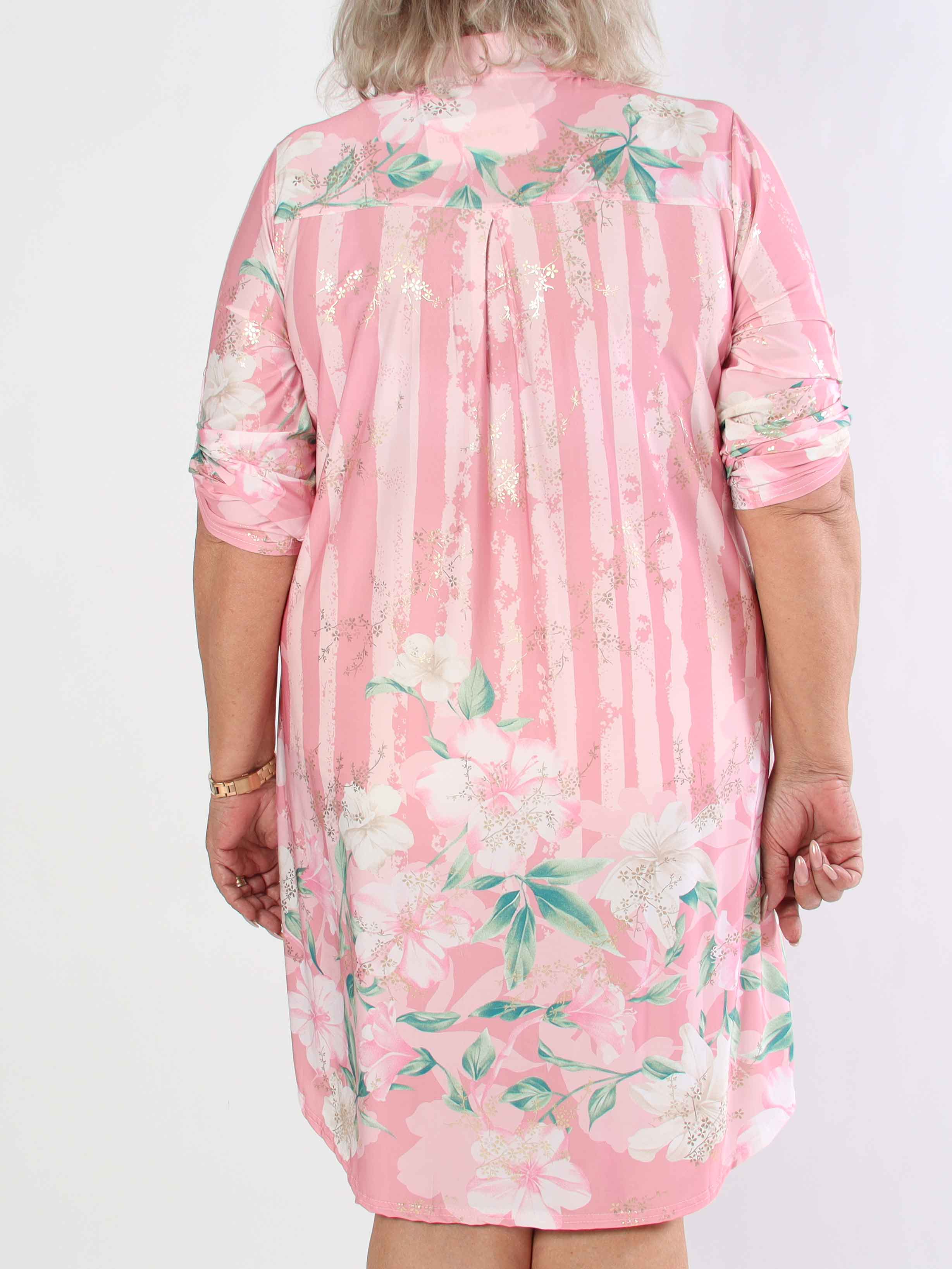 Ebba Floral Stripe Long - Elastisk plus size klänning med gulddetaljer