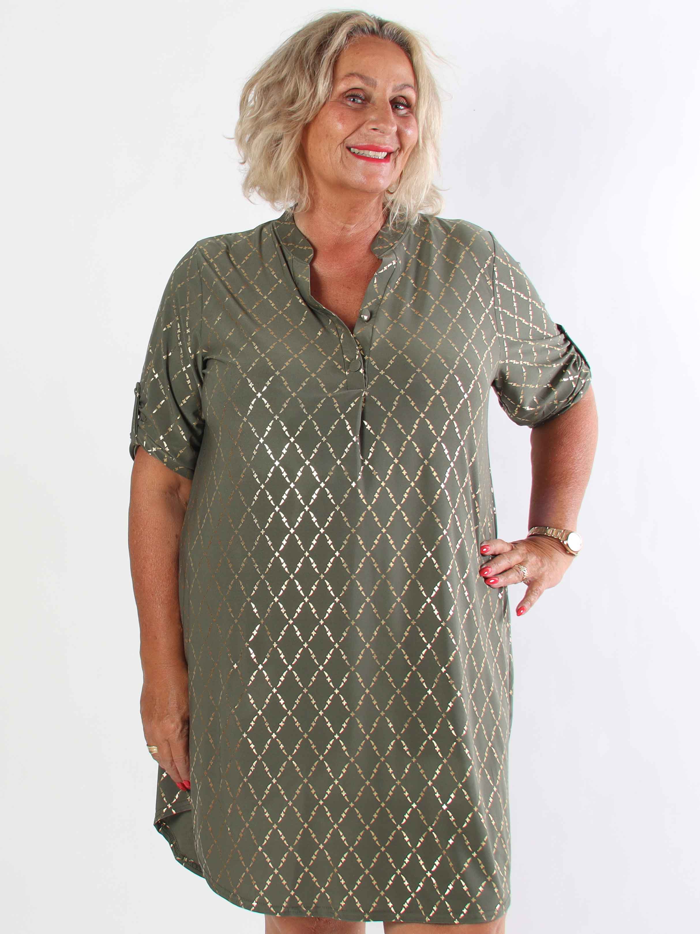 Ebba Gold Check Long - Elastisk plus size klänning med gulddetaljer