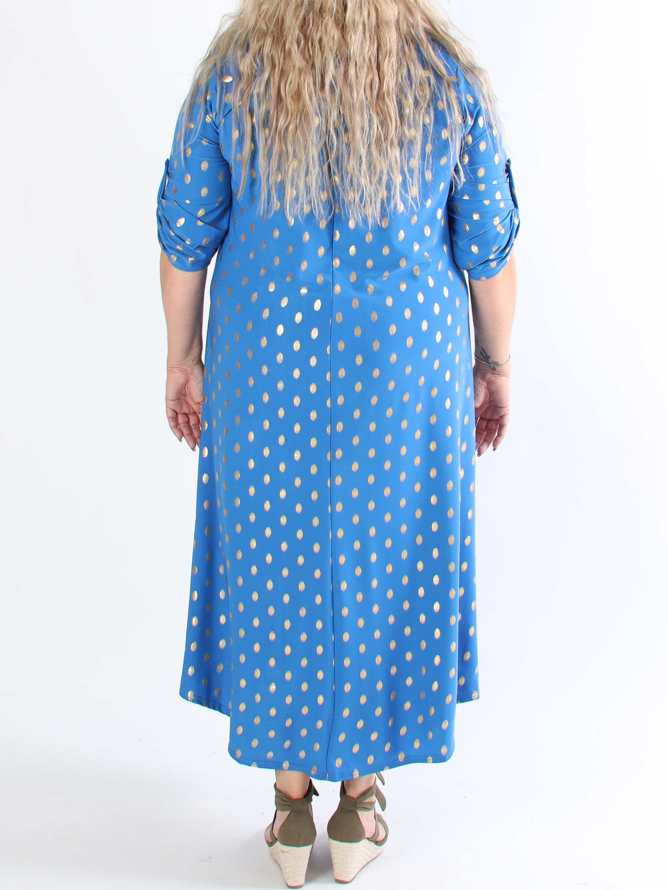 Ebba Gold Dress - Elastisk långklänning i plusstorlek med guldprickar