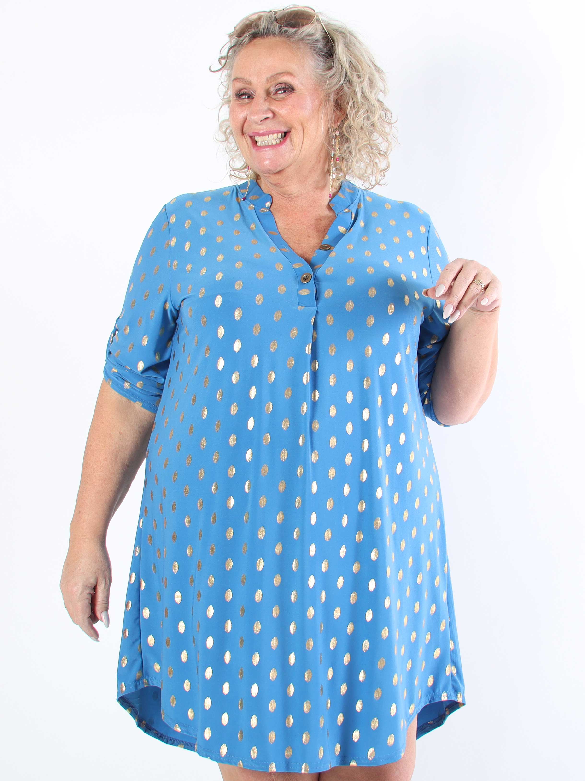Ebba Gold Long - Elastisk plus size-klänning med guldprickar