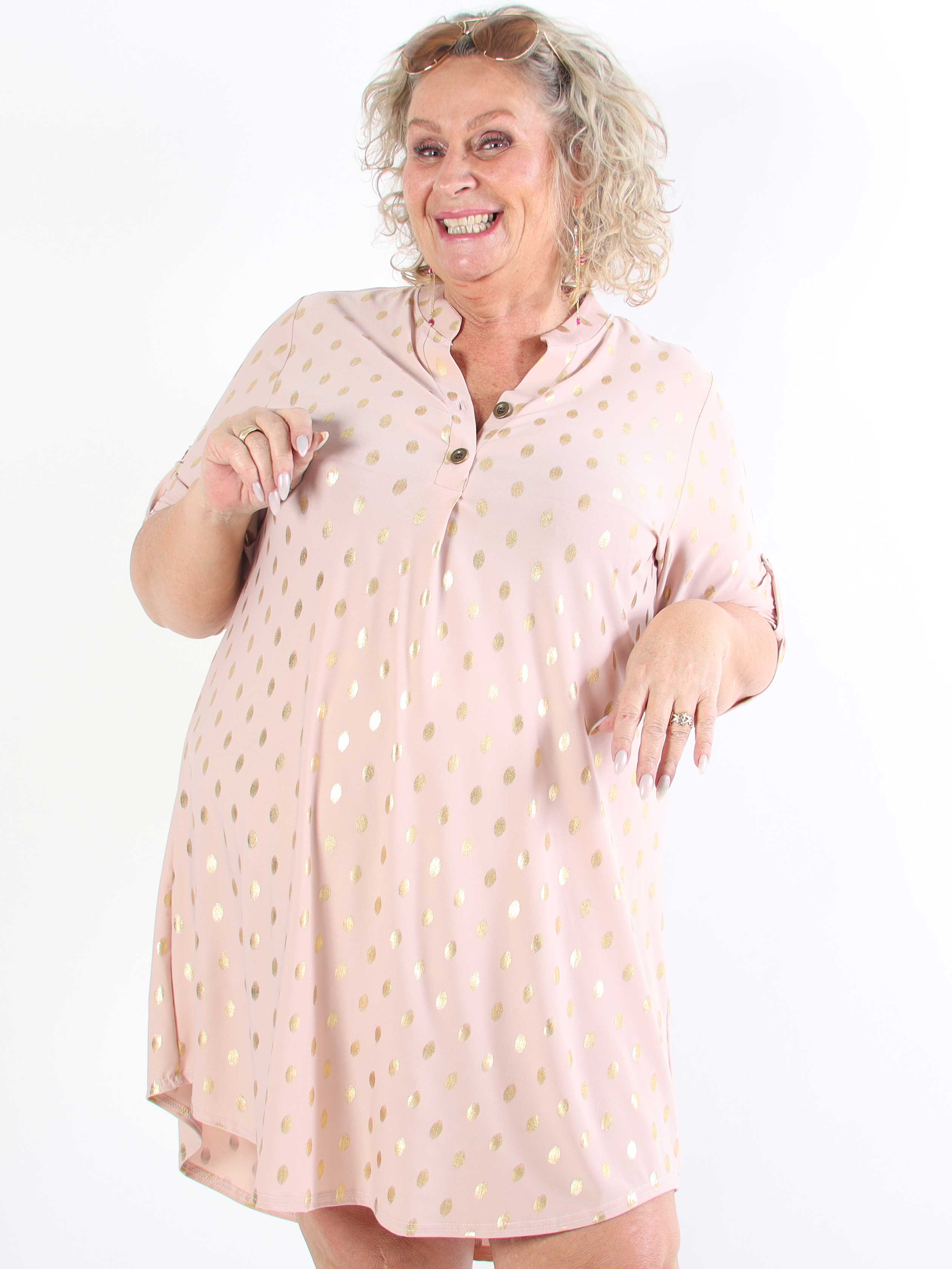 Ebba Gold Long - Elastisk plus size-klänning med guldprickar