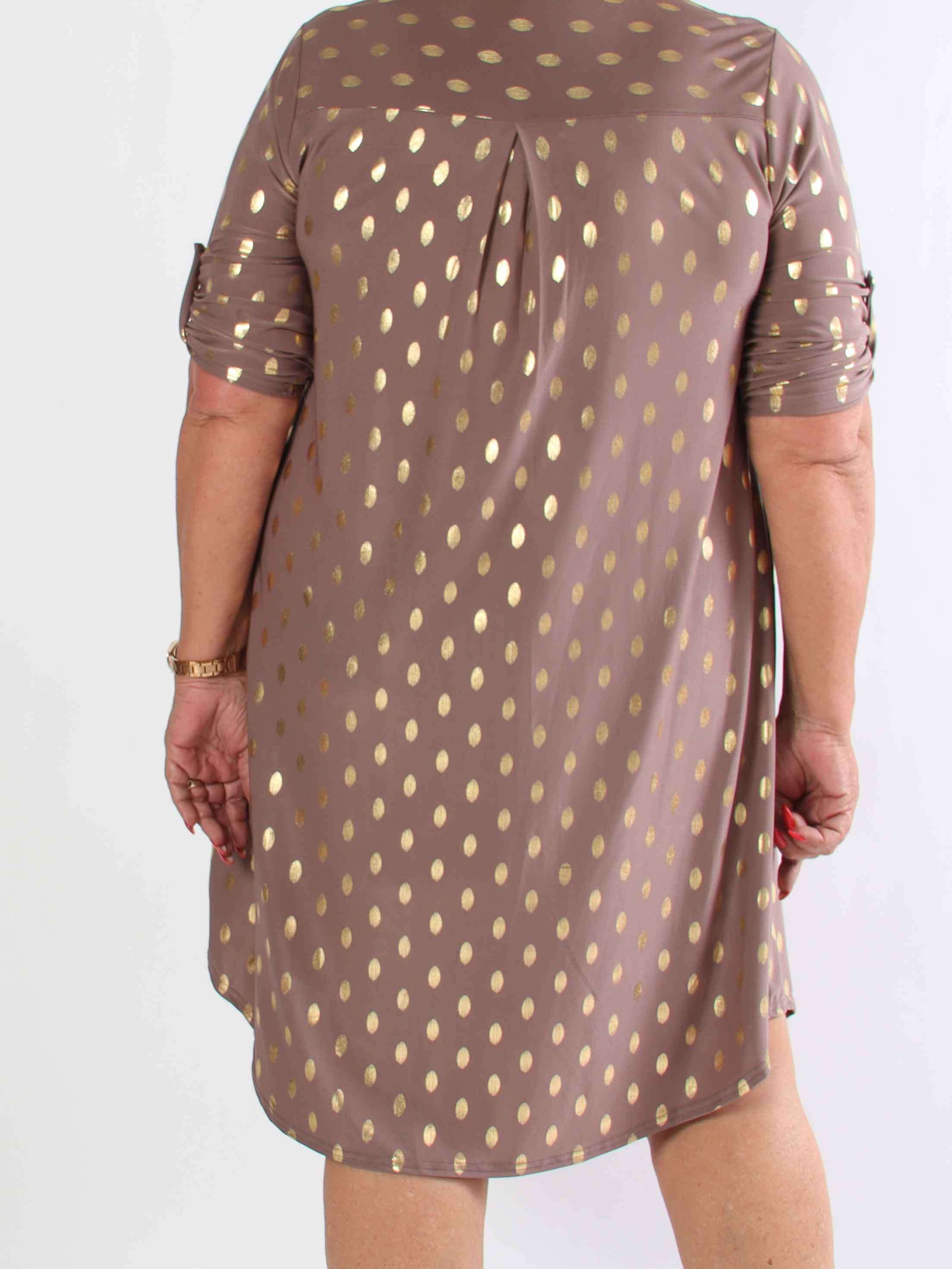 Ebba Gold Long - Elastisk plus size-klänning med guldprickar