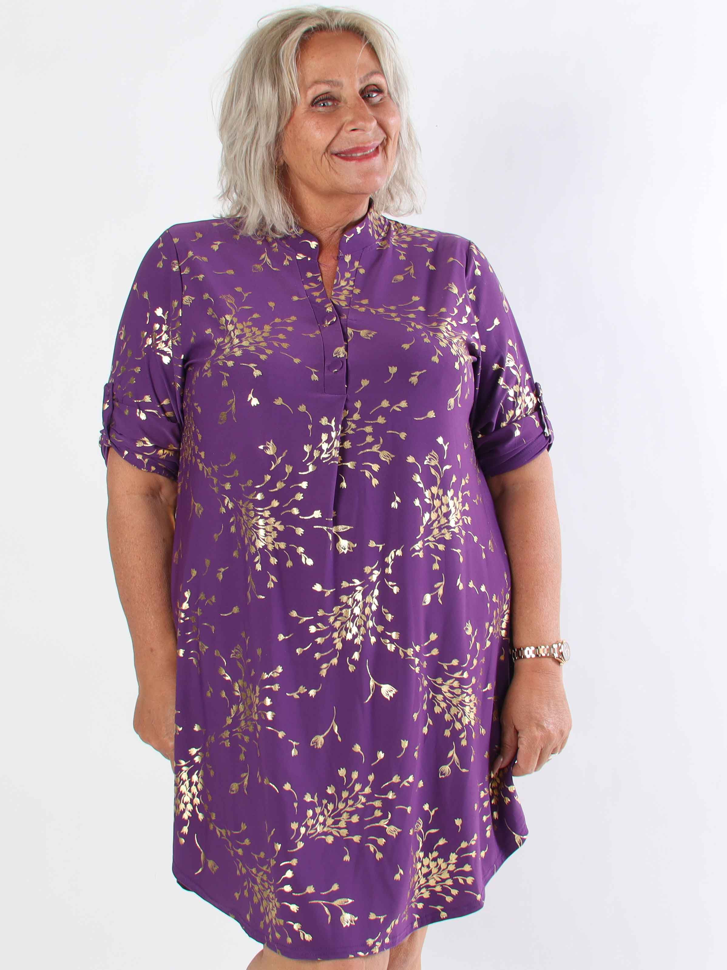 Ebba Gold Leaf Long - Elastisk enfärgad plus size klänning med guld blommigt mönster