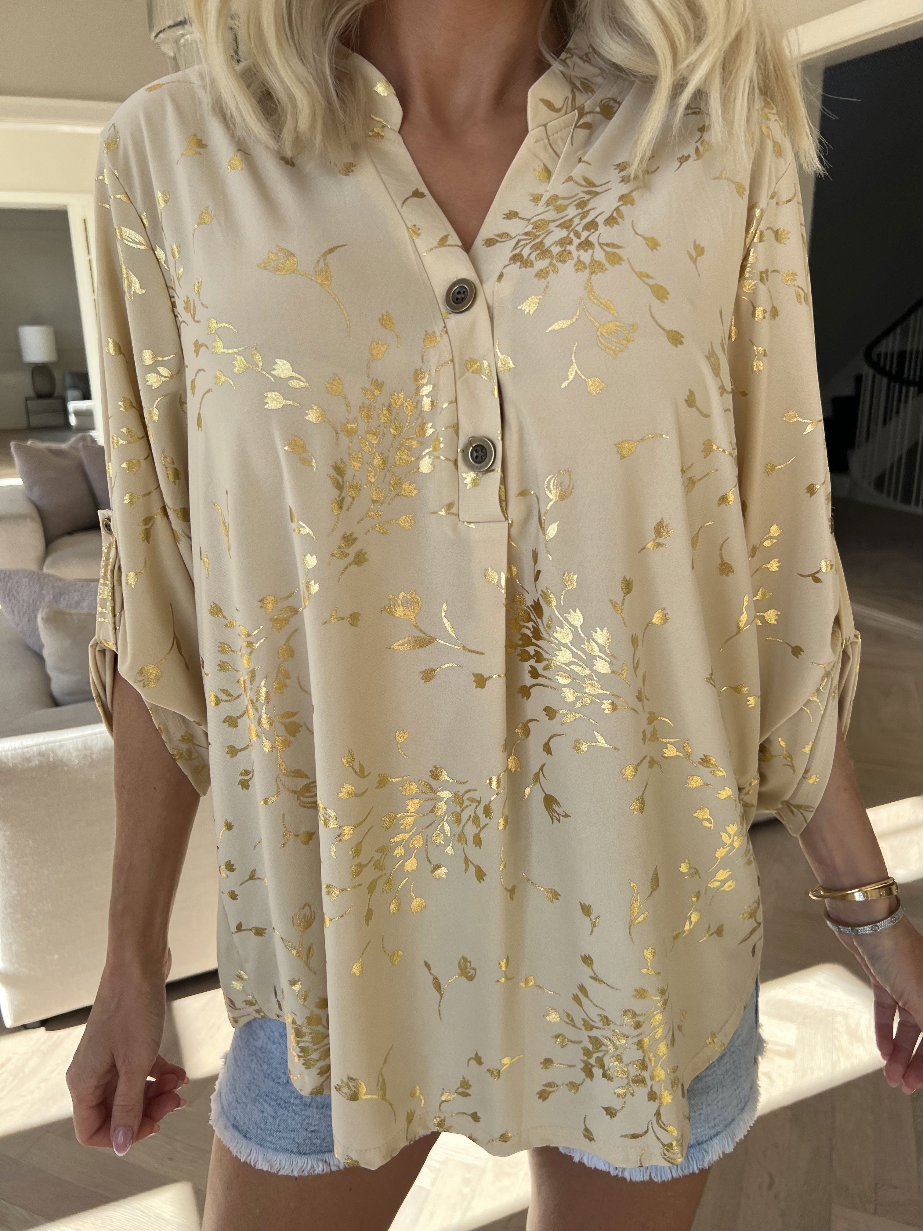Ebba Gold Leaf Shirt - Elastisk blus mönstrad med bladguld