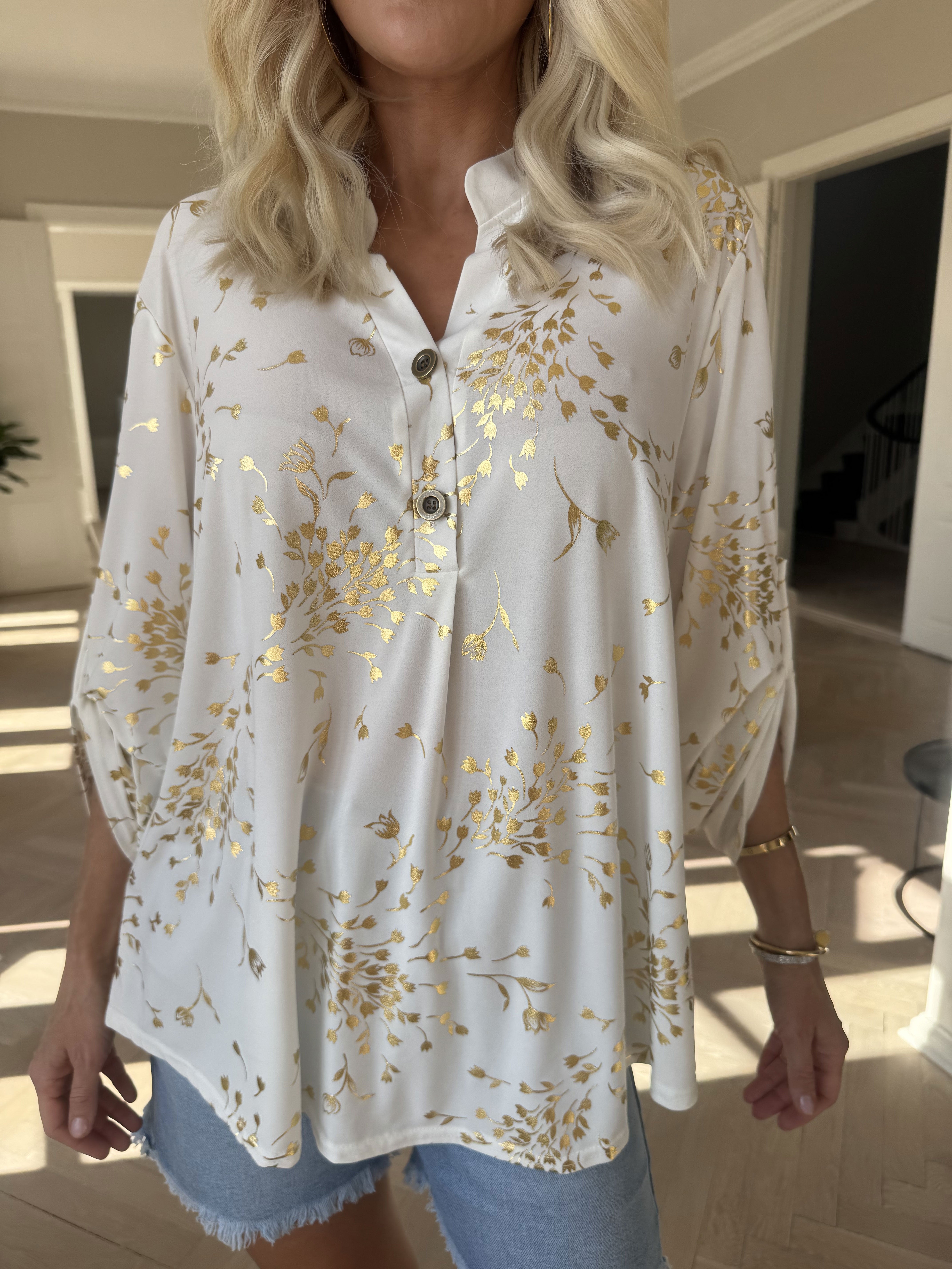 Ebba Gold Leaf Shirt - Elastisk blus mönstrad med bladguld