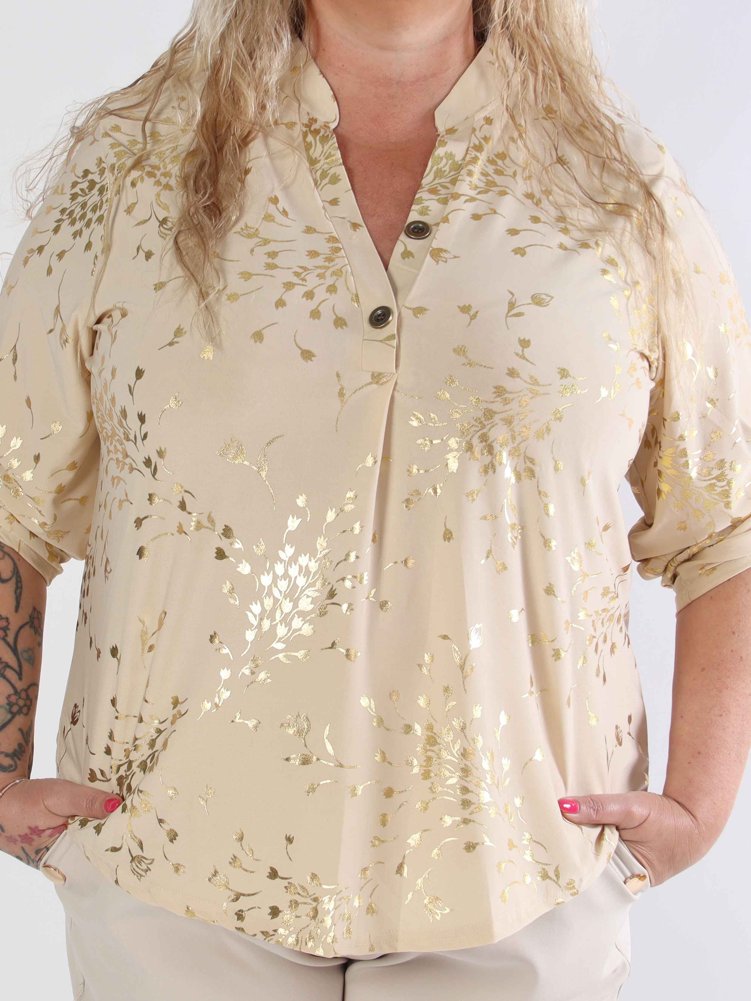 Ebba Gold Leaf Shirt - Elastisk plus size blus mönstrad med bladguld