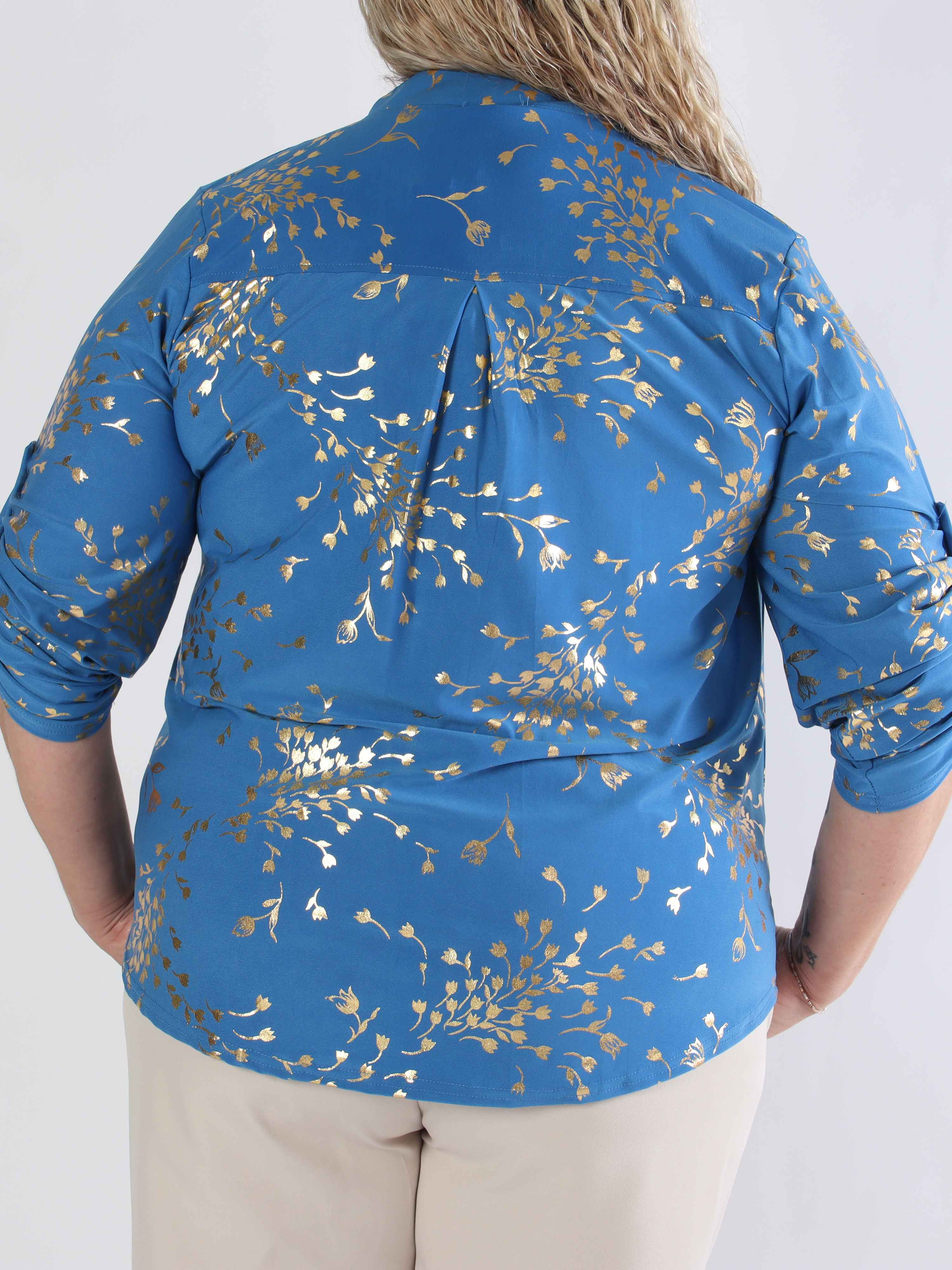 Ebba Gold Leaf Shirt - Elastisk plus size blus mönstrad med bladguld