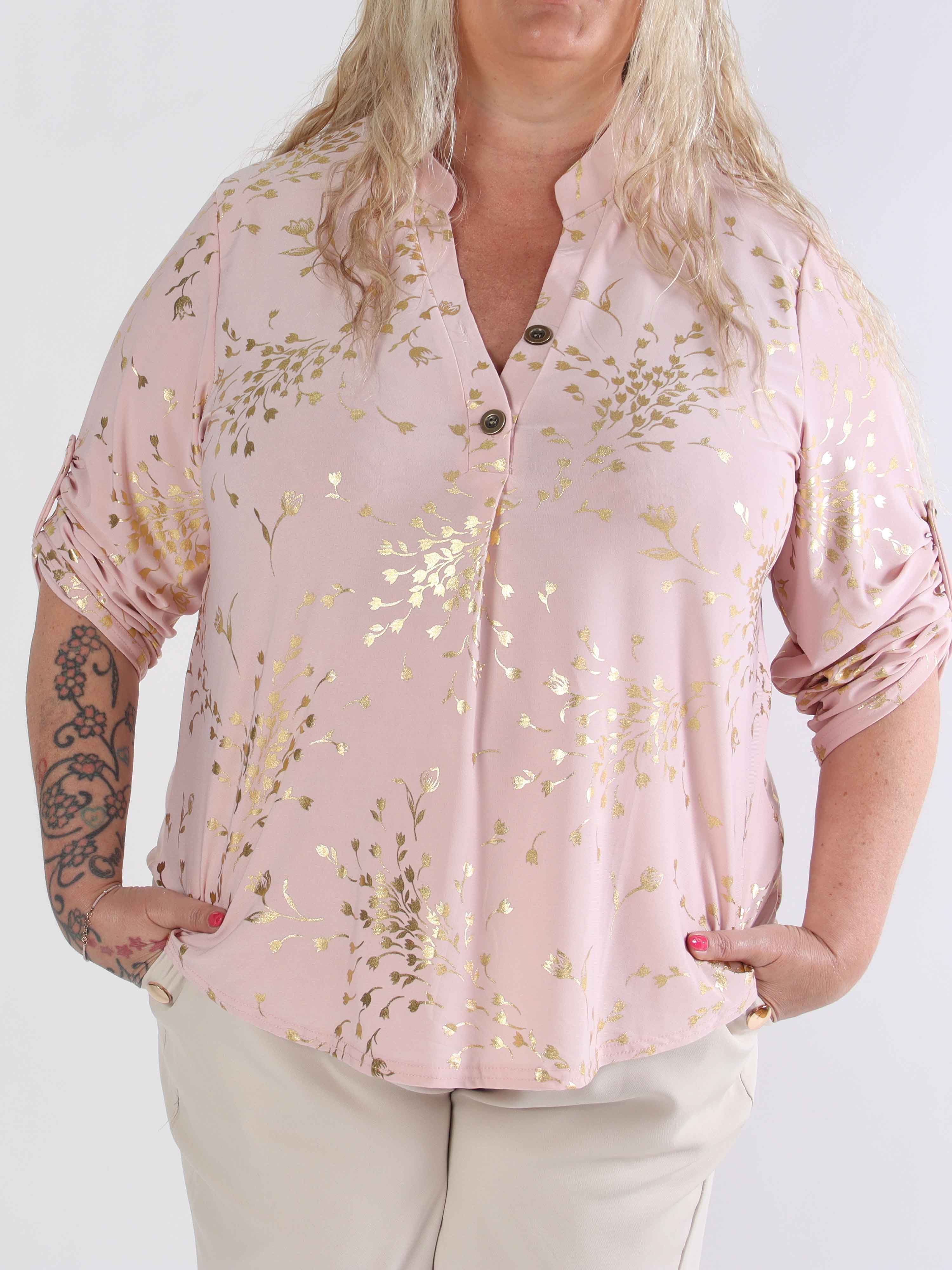 Ebba Gold Leaf Shirt - Elastisk plus size blus mönstrad med bladguld
