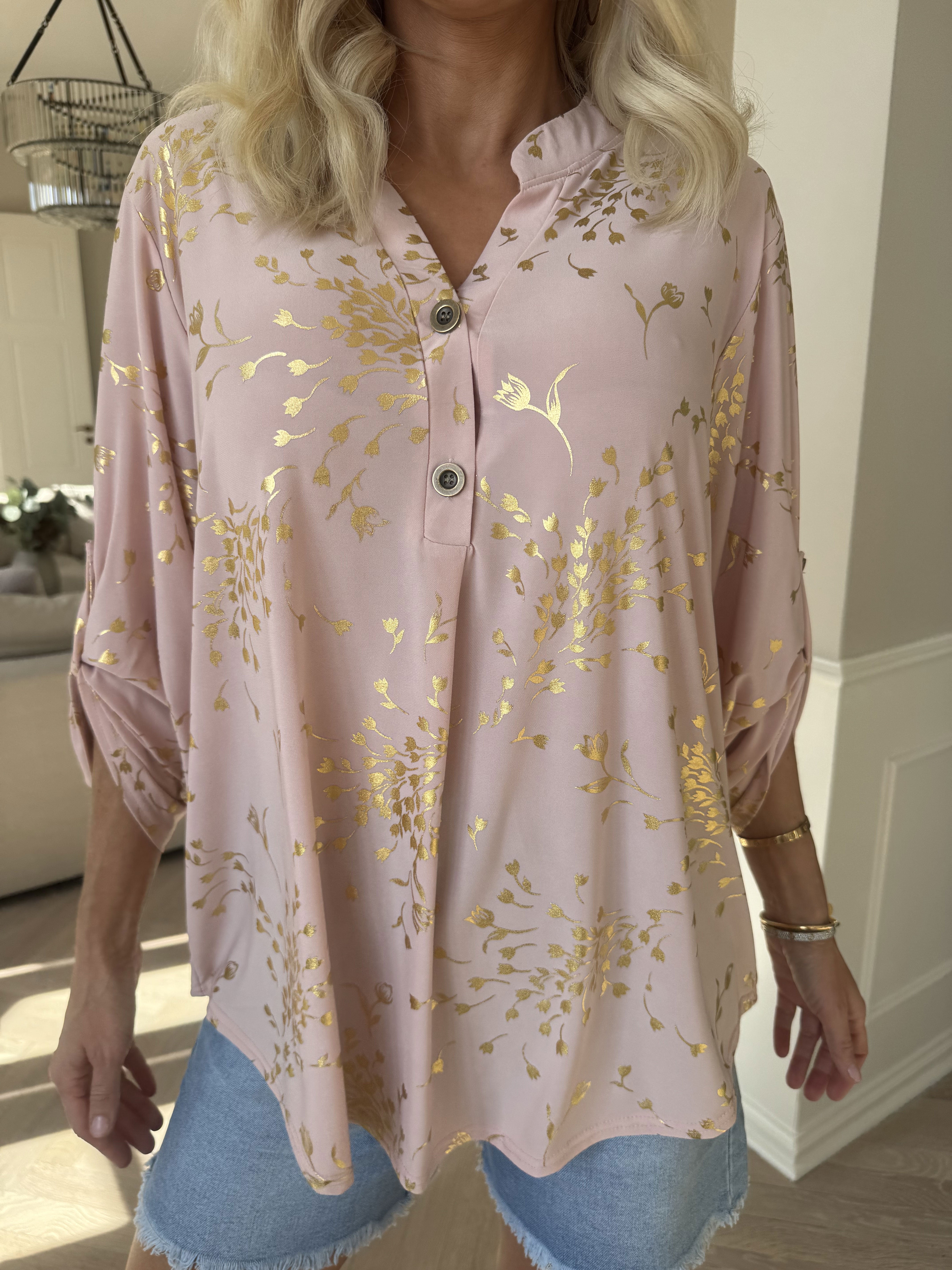 Ebba Gold Leaf Shirt - Elastisk blus mönstrad med bladguld