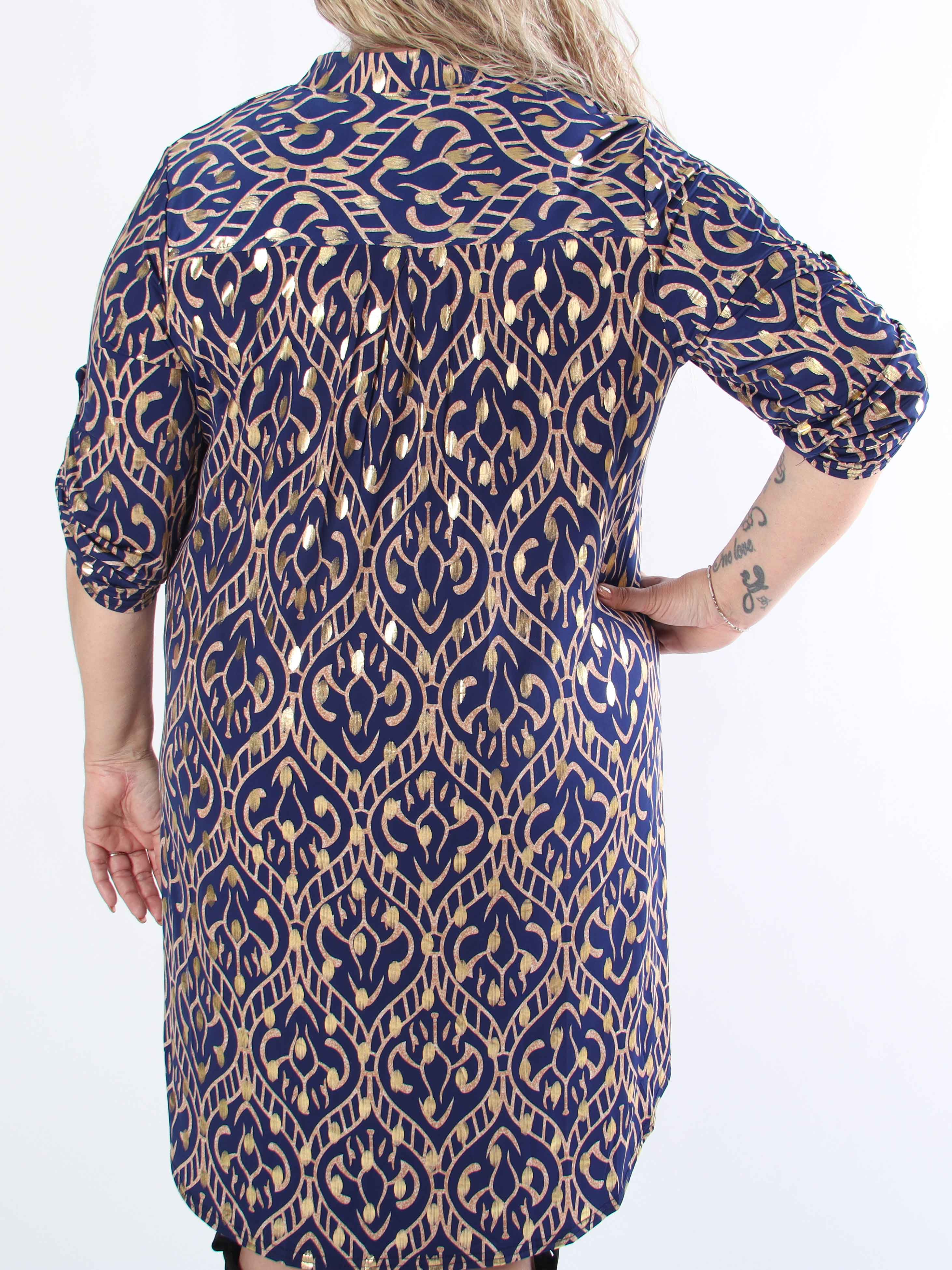 Ebba Boho Long - Elastisk mönstrad klänning i plus size med guldprickar