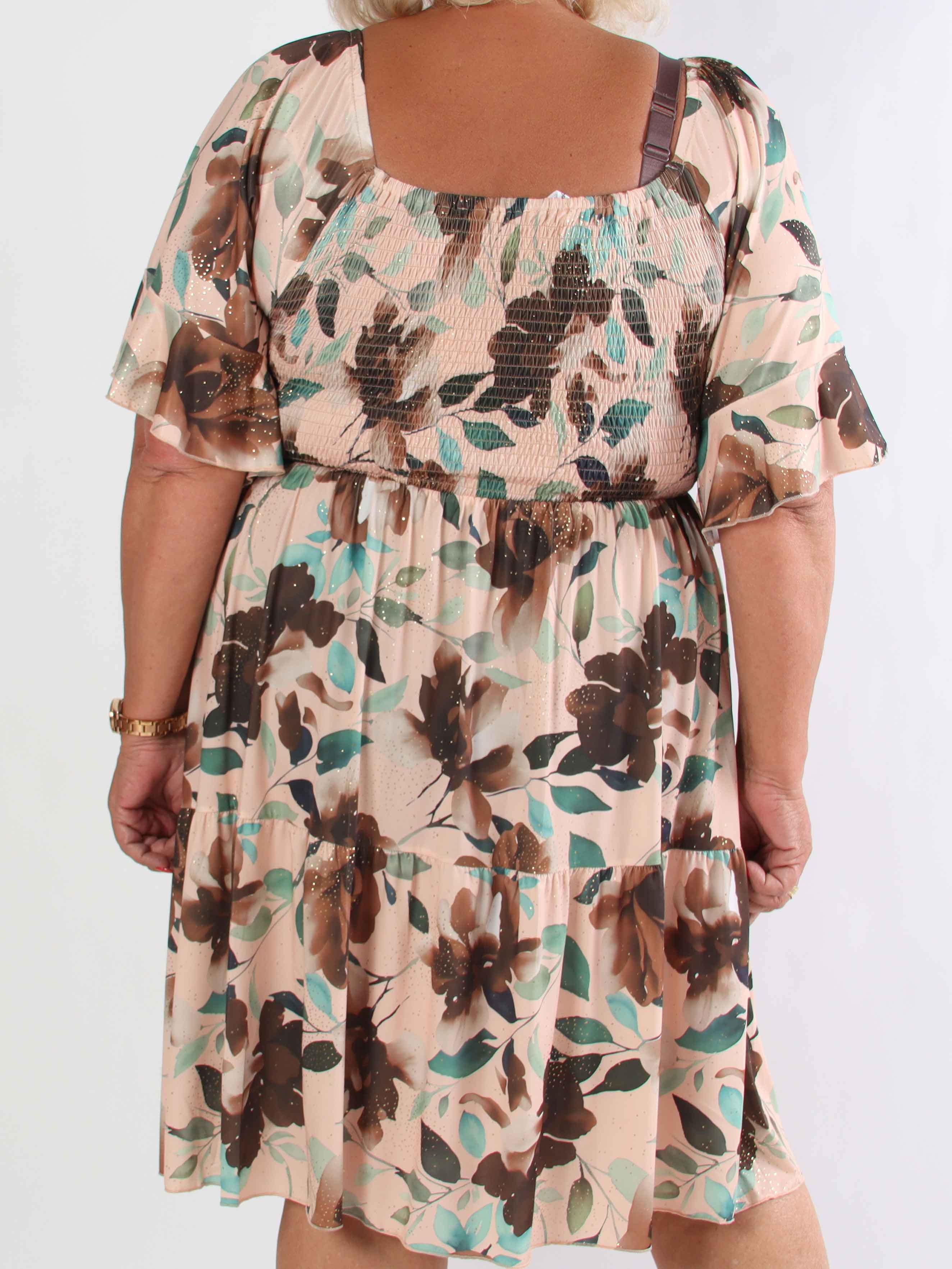 Elna Fiore Short - Blommig elastisk plus size klänning med smock över bysten