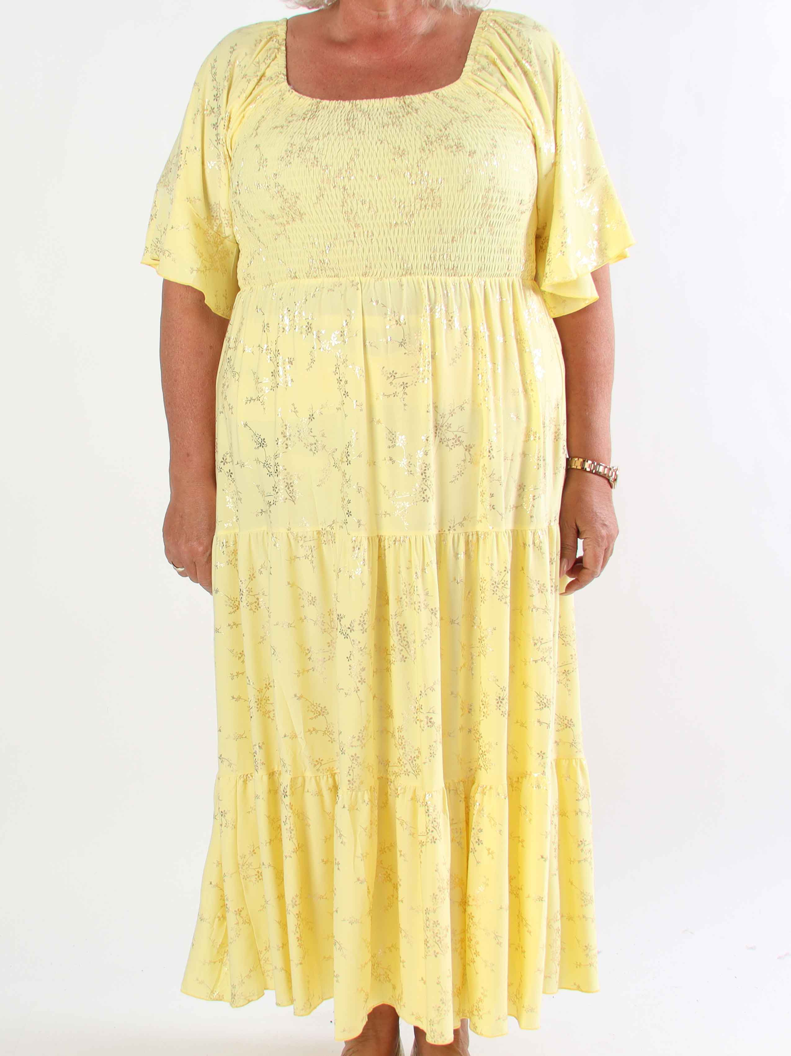 Elna Gold - Enfärgad plus size klänning med resår och guldmönster