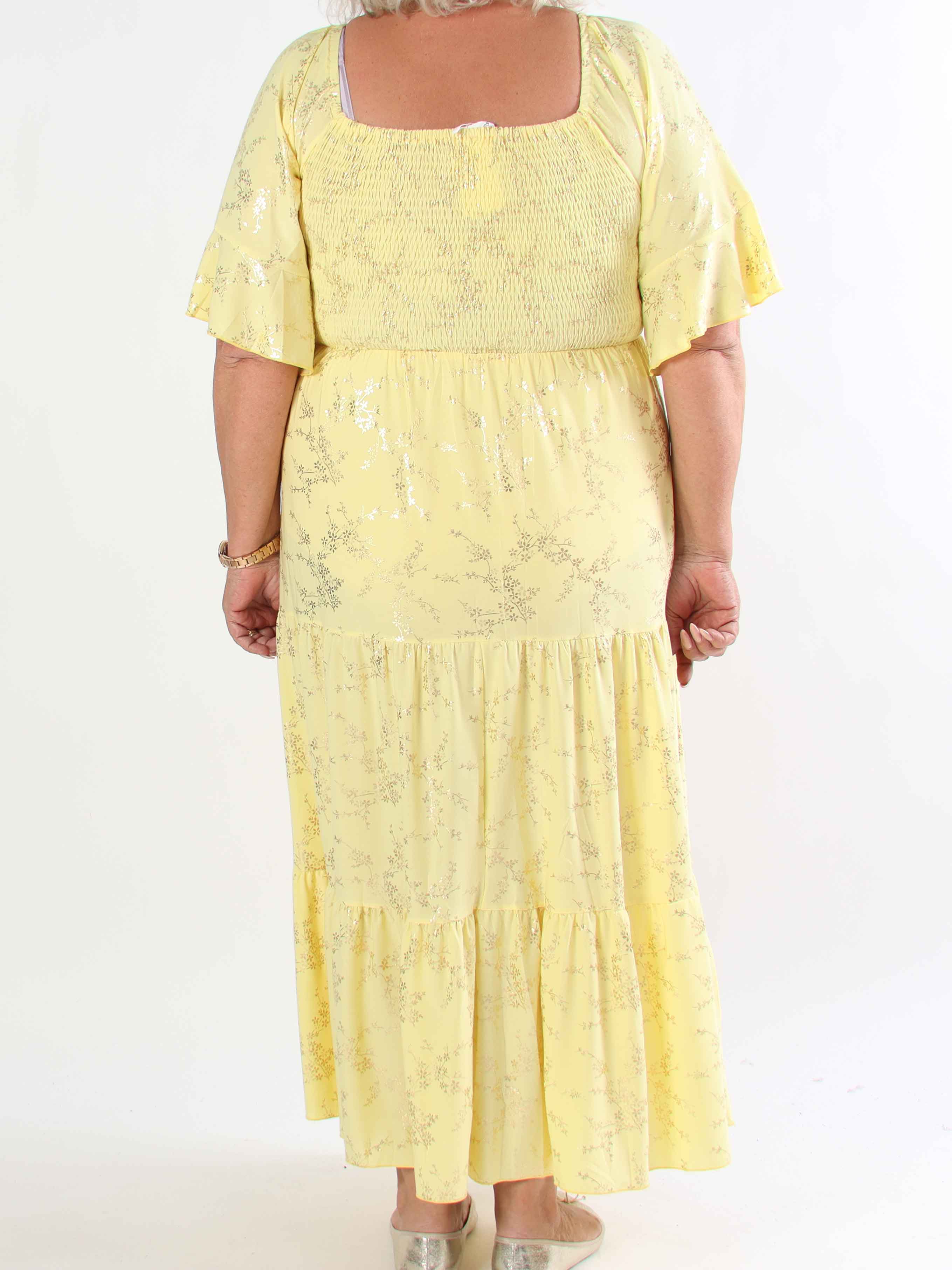 Elna Gold - Enfärgad plus size klänning med resår och guldmönster