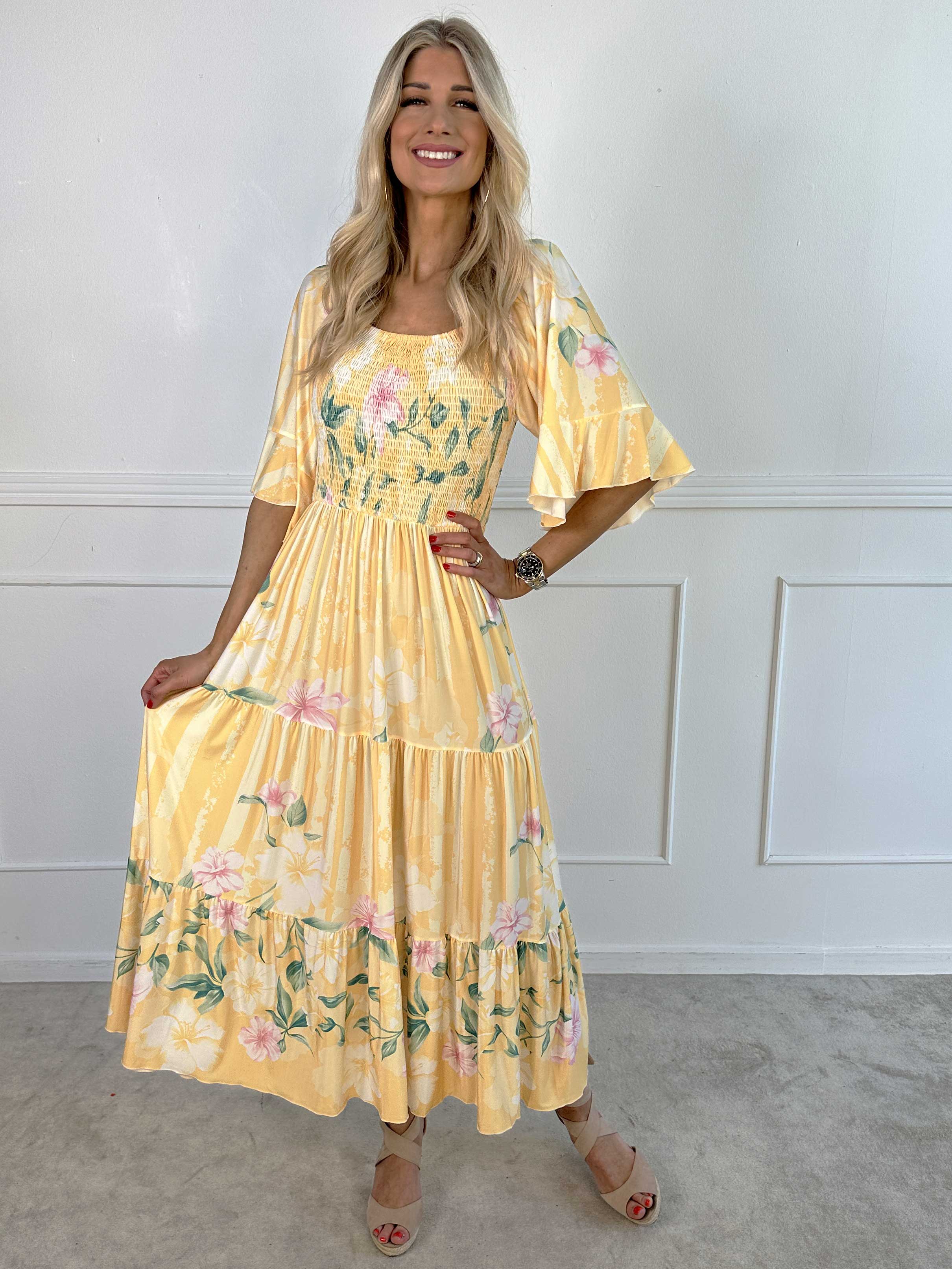 Elna Floral Stripe - Blommig elastisk klänning med smockat bröst