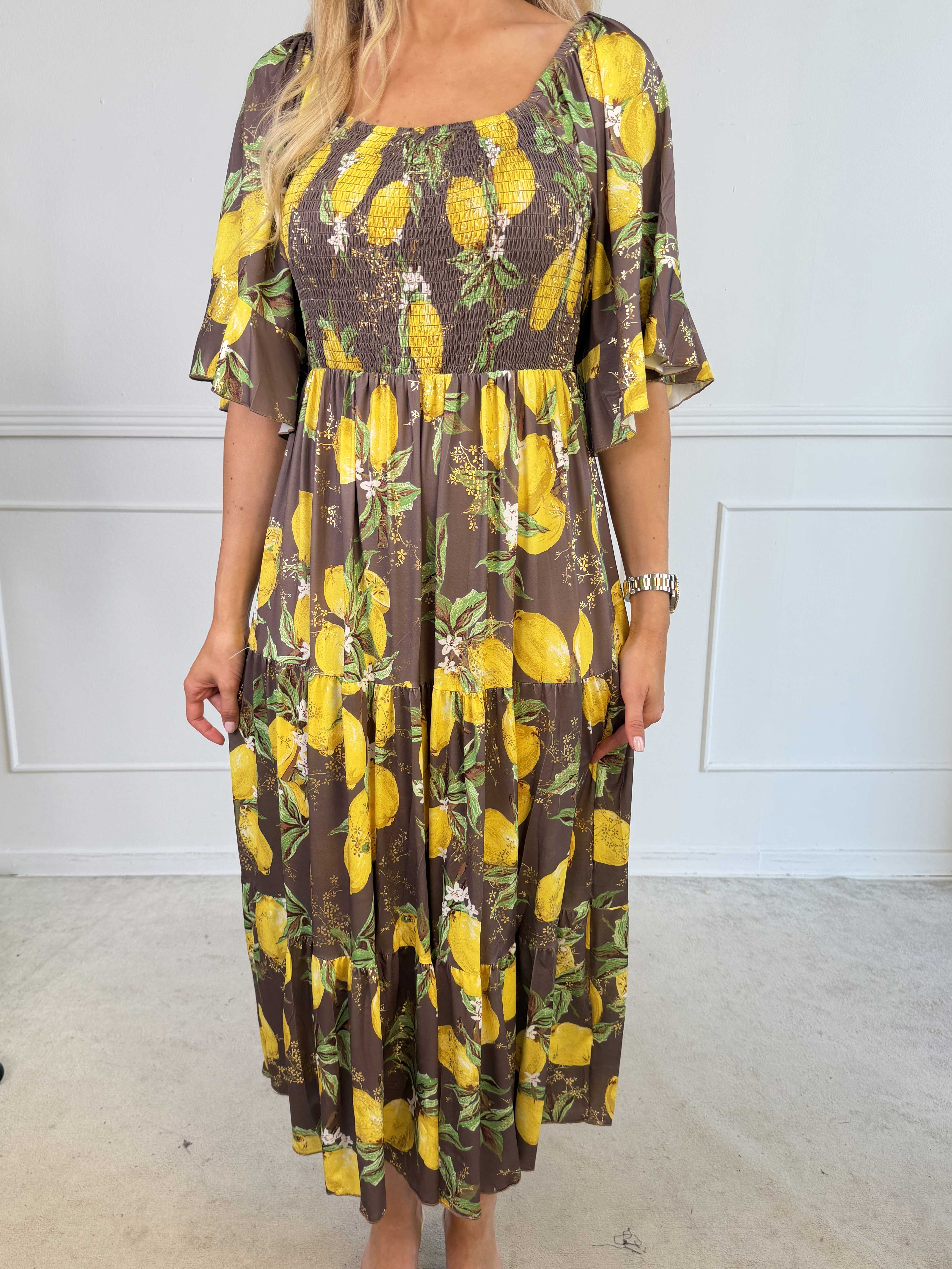 Elna Lemon - Lang elastisk kjole med citroner og smock over brystet