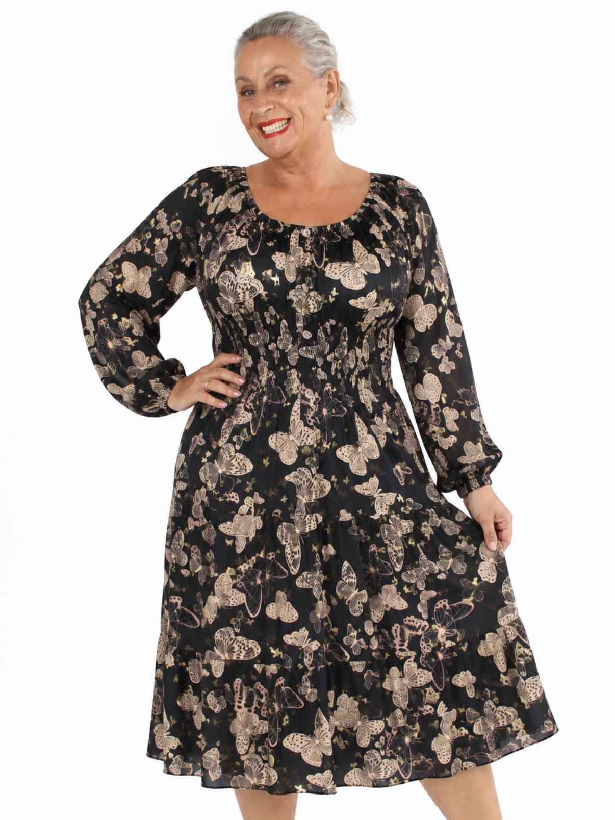 Tea Butterfly L/S - Plus Size klänning med resår i midjan och fjärilstryck