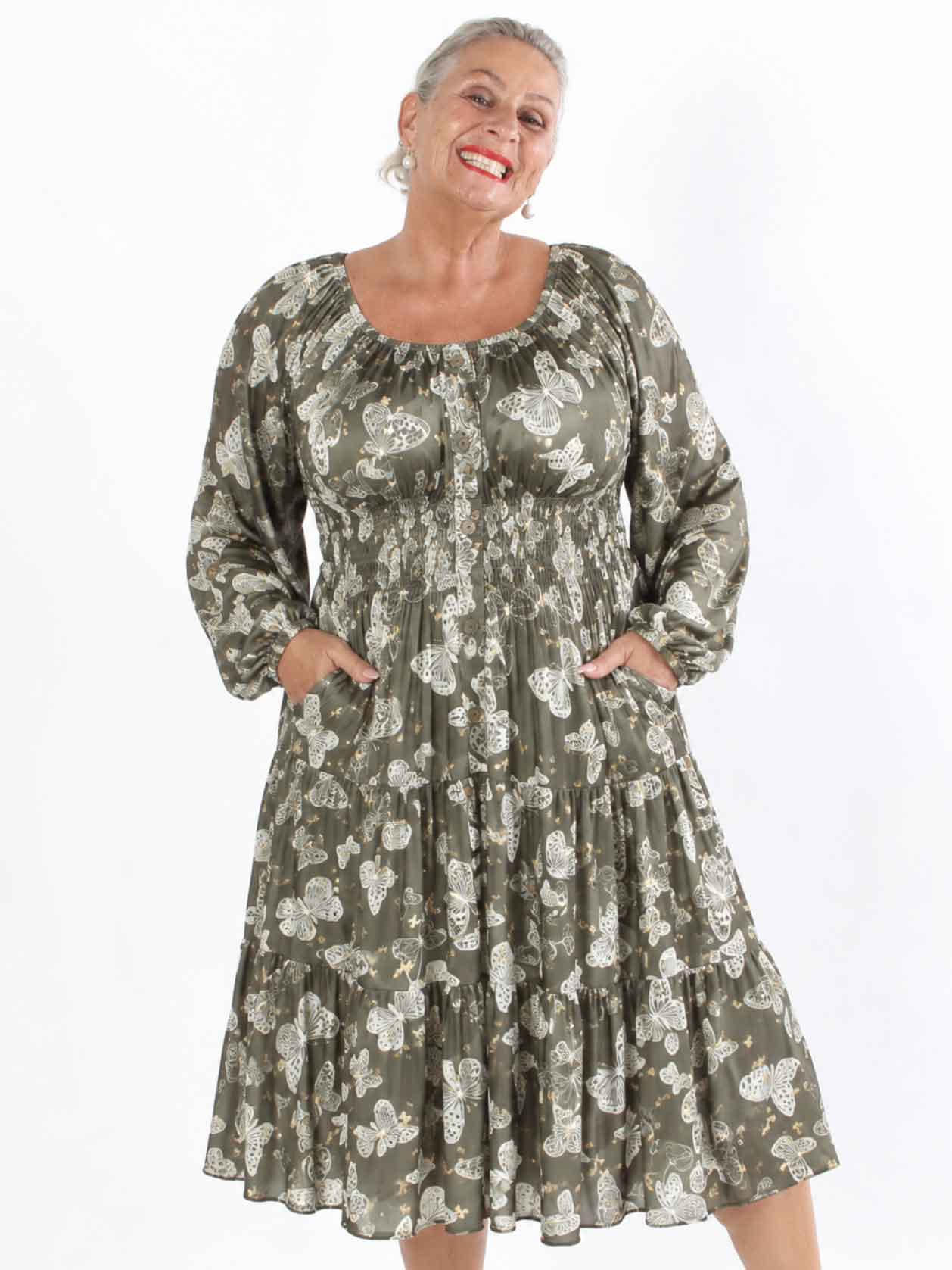 Tea Butterfly L/S - Plus Size klänning med resår i midjan och fjärilstryck
