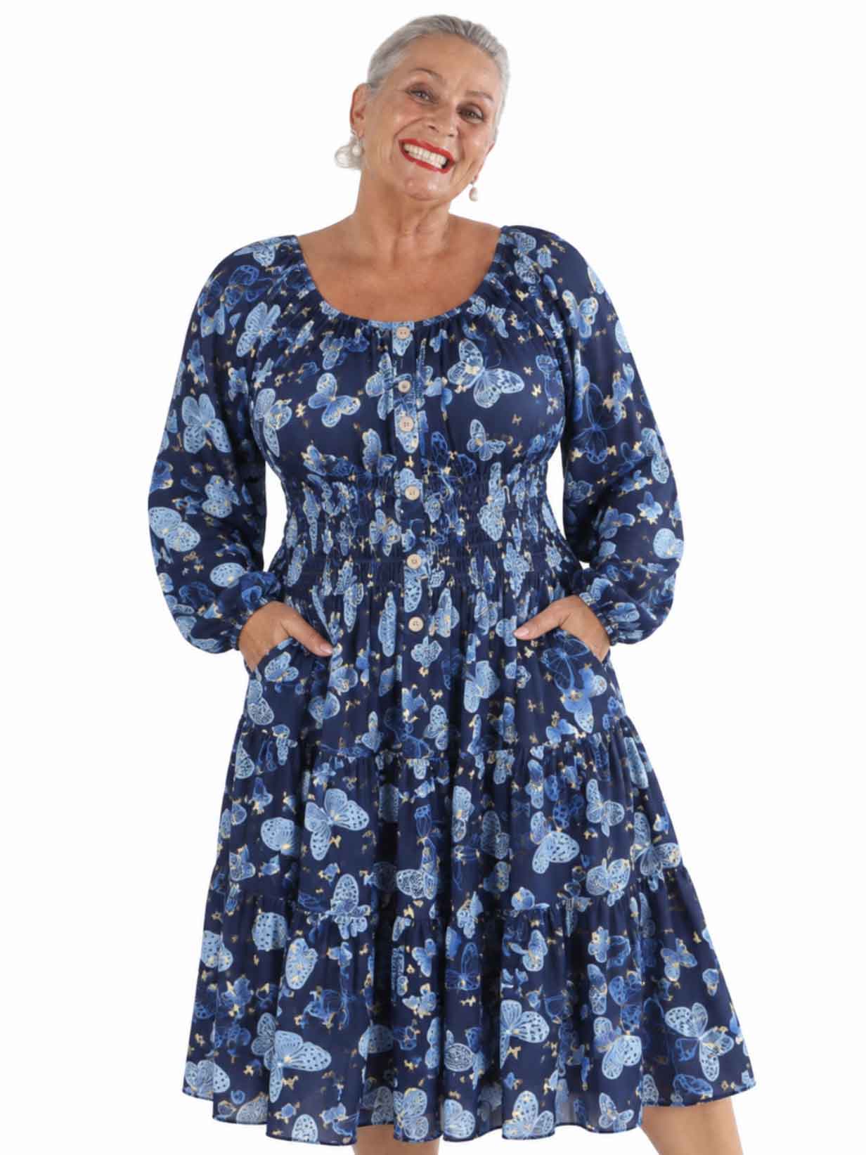 Tea Butterfly L/S - Plus Size klänning med resår i midjan och fjärilstryck