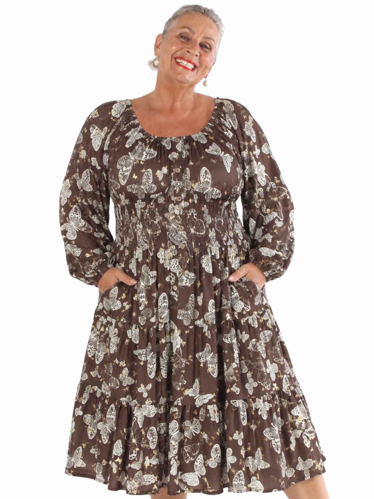 Tea Butterfly L/S - Plus Size klänning med resår i midjan och fjärilstryck
