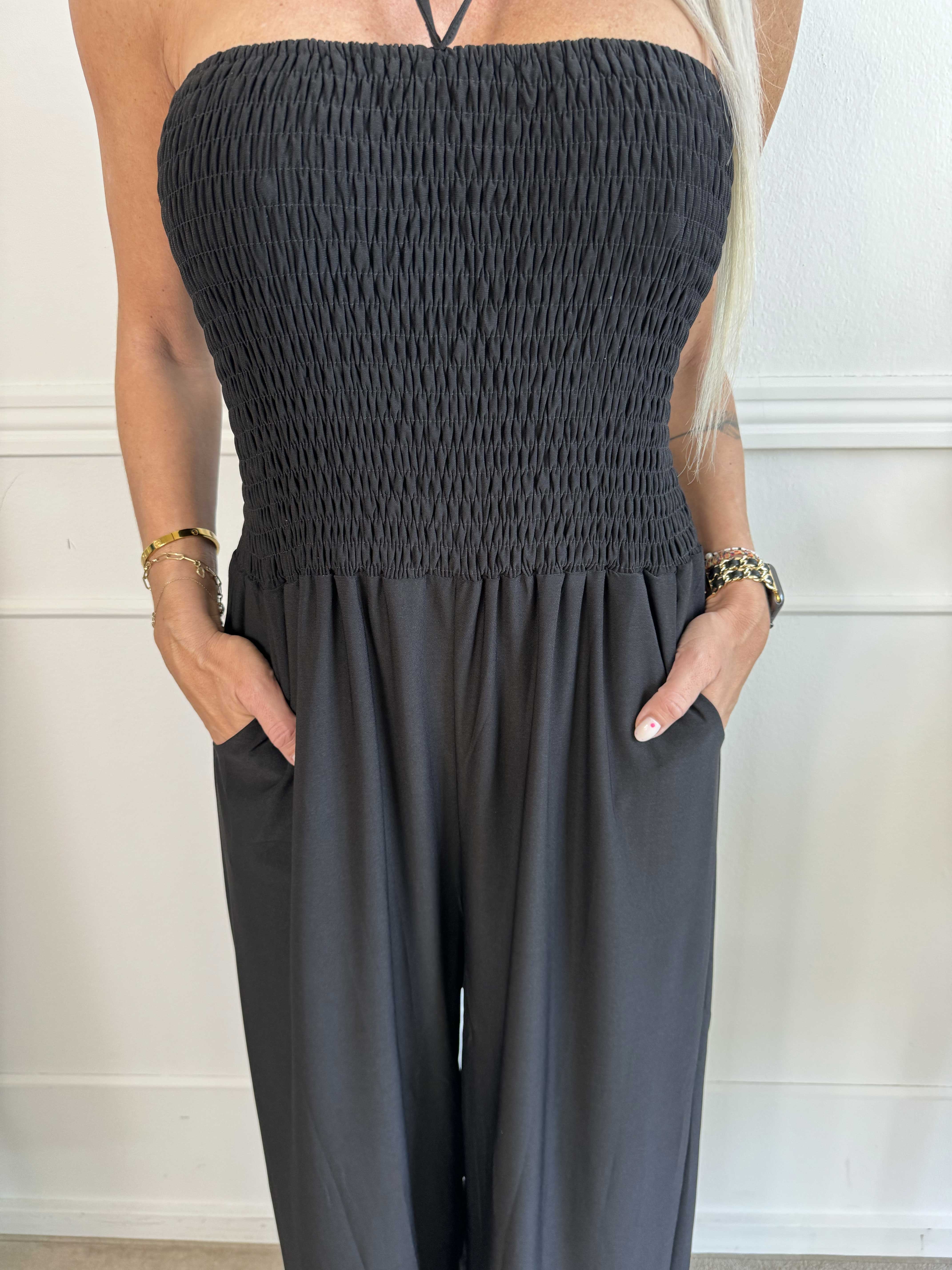 Pams Plain Tube Jumpsuit - Stretch jumpsuit med smock på bröstet