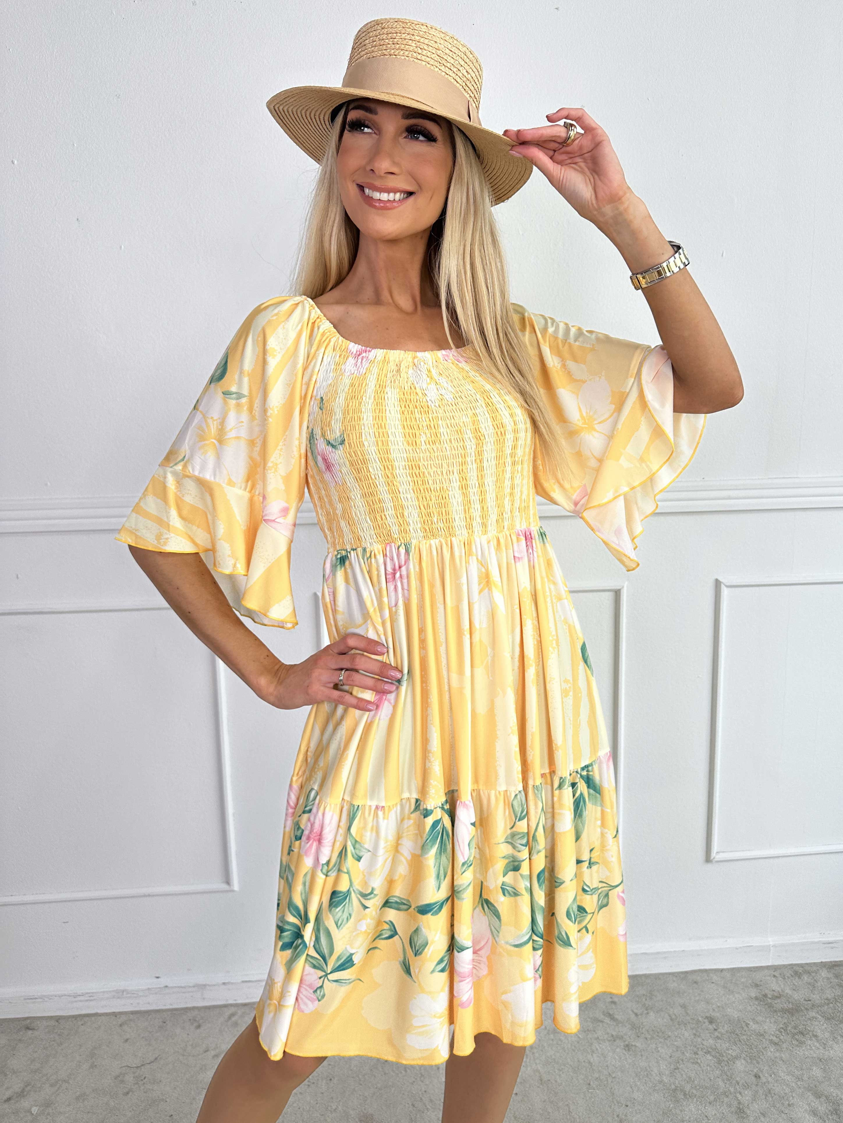 Elna Floral Stripe Short - Blommig elastisk klänning med smockat bröst