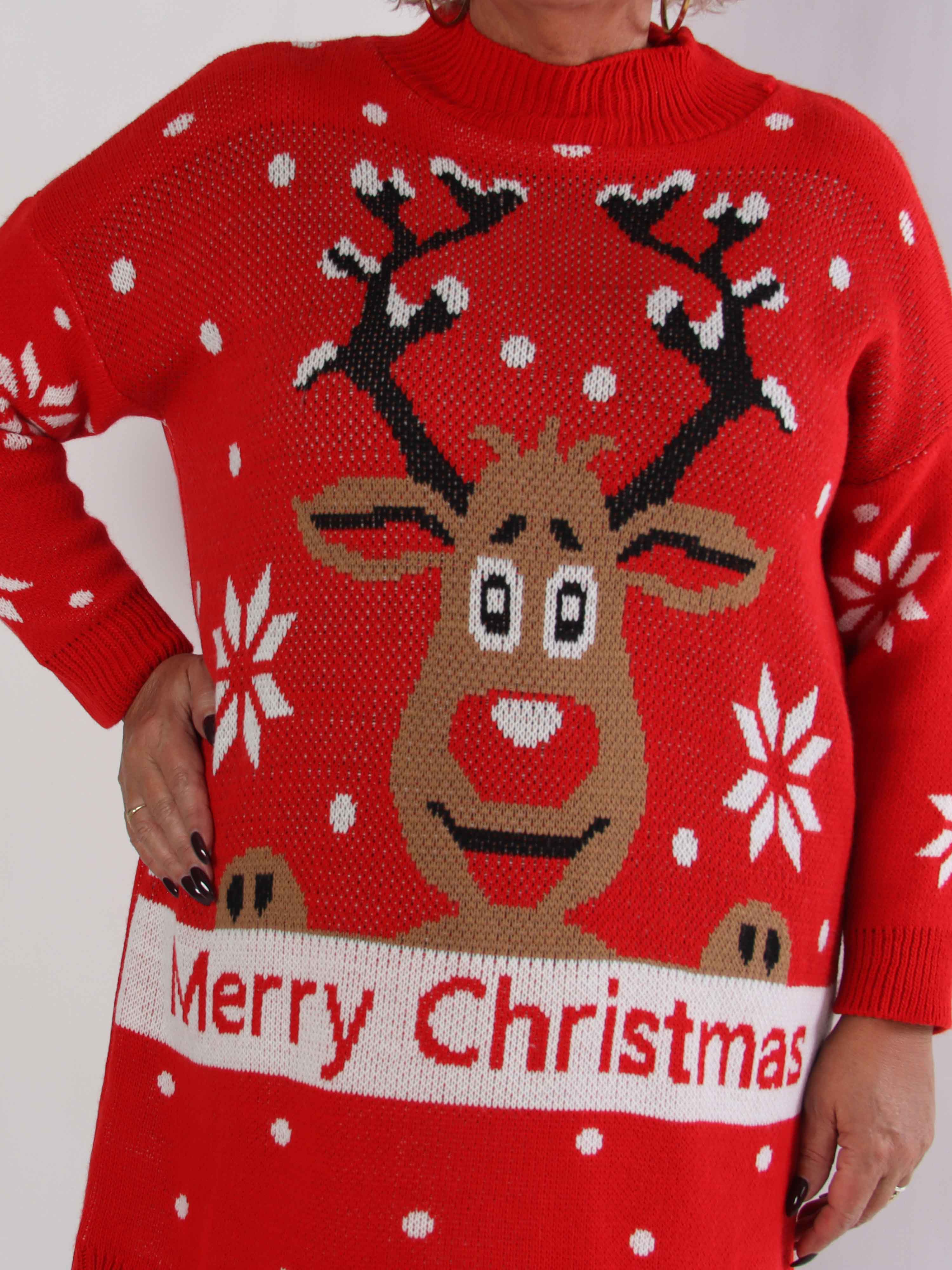 Rudy - Stickad plus size julklänning med Rudolf på magen