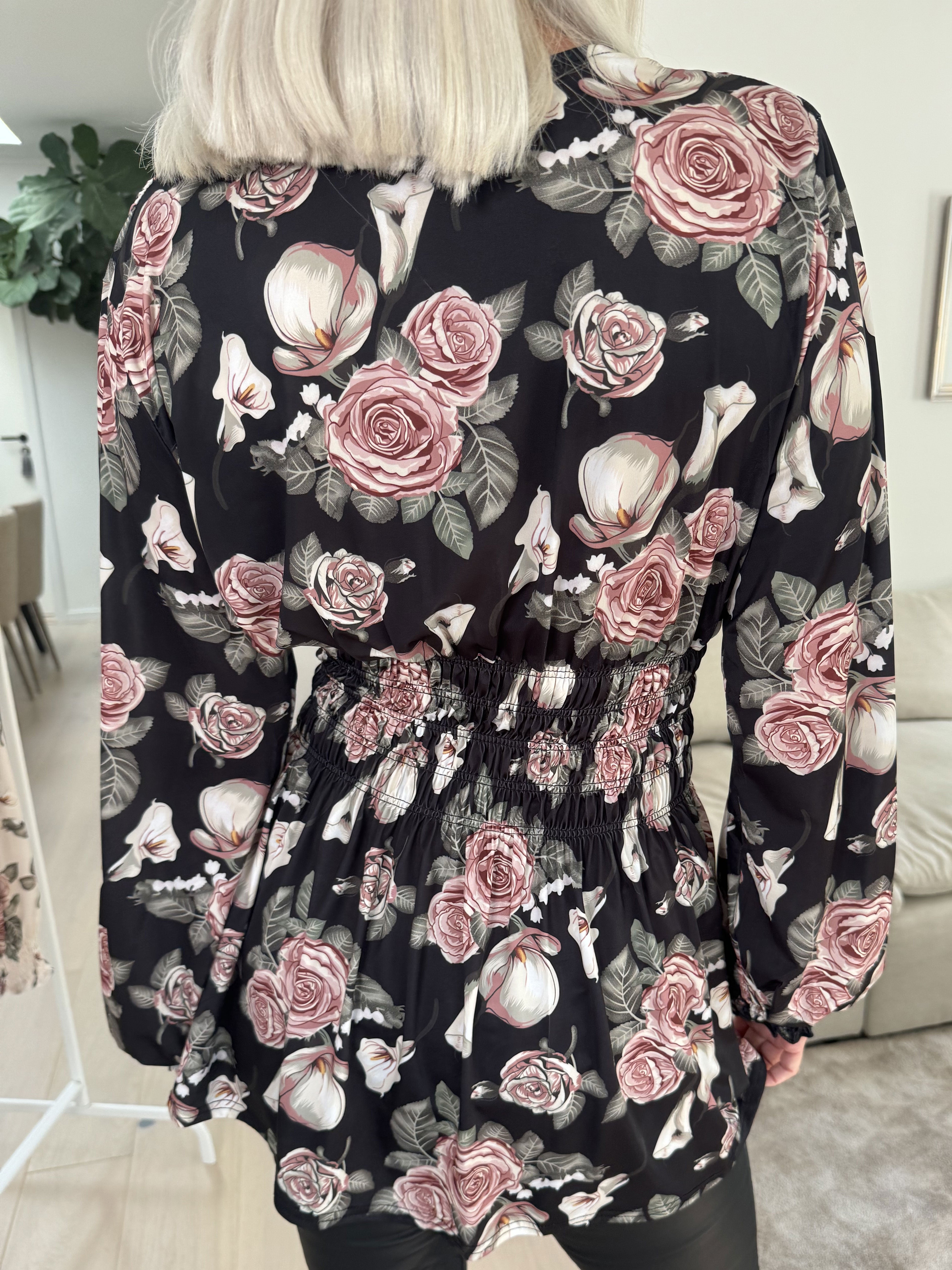 Pams Rose Shirt L/S - Elastisk blus i skrynkelfritt tyg med rosor