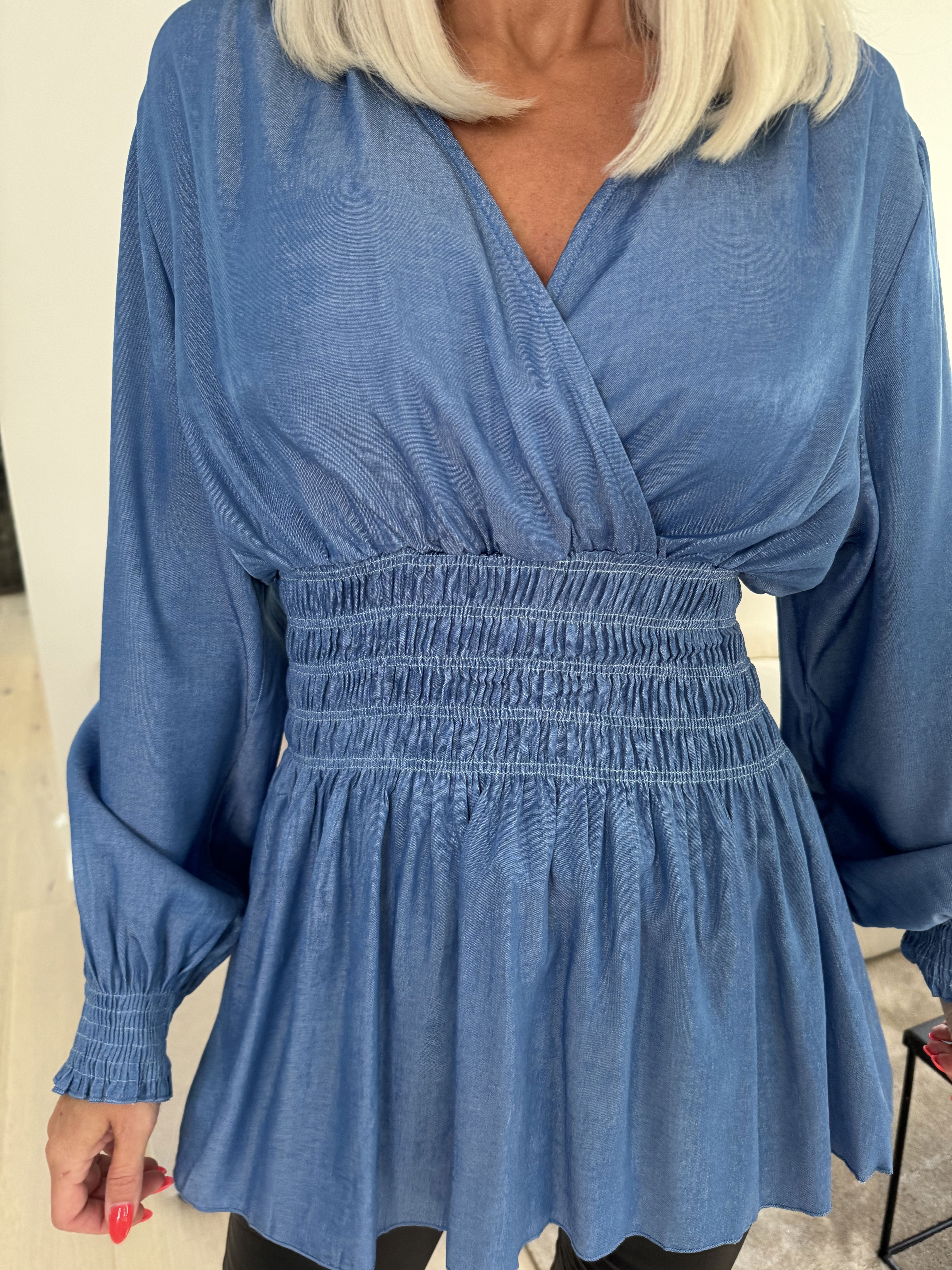 Pams Denim Shirt L/S - Elastisk blus med långa ärmar