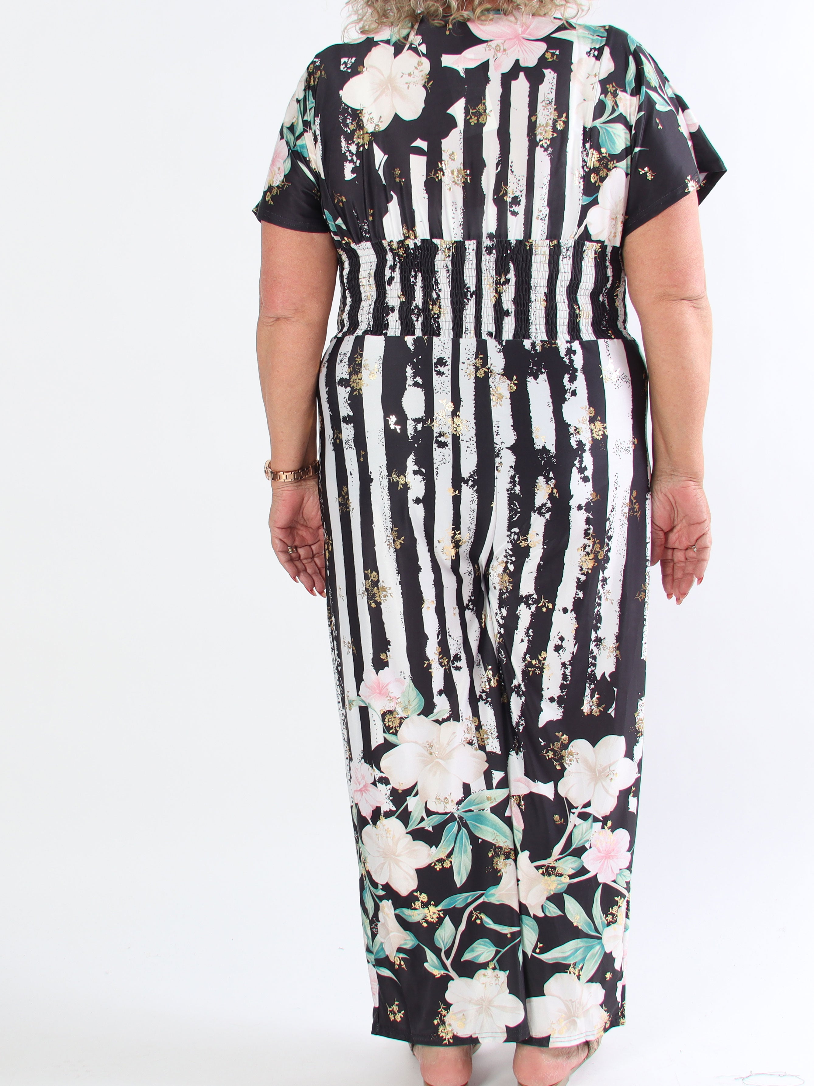 Pams Floral Stripe Jumpsuit - Stretchig plus size jumpsuit med blommotiv