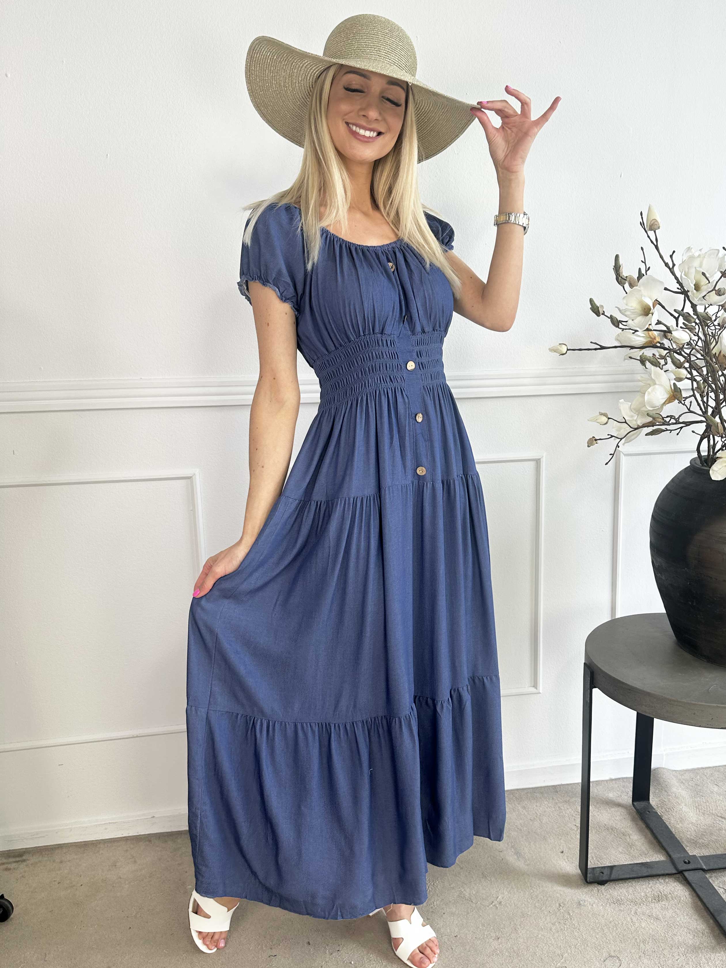 Alexina - Lång klänning i denimlook med resår i midjan