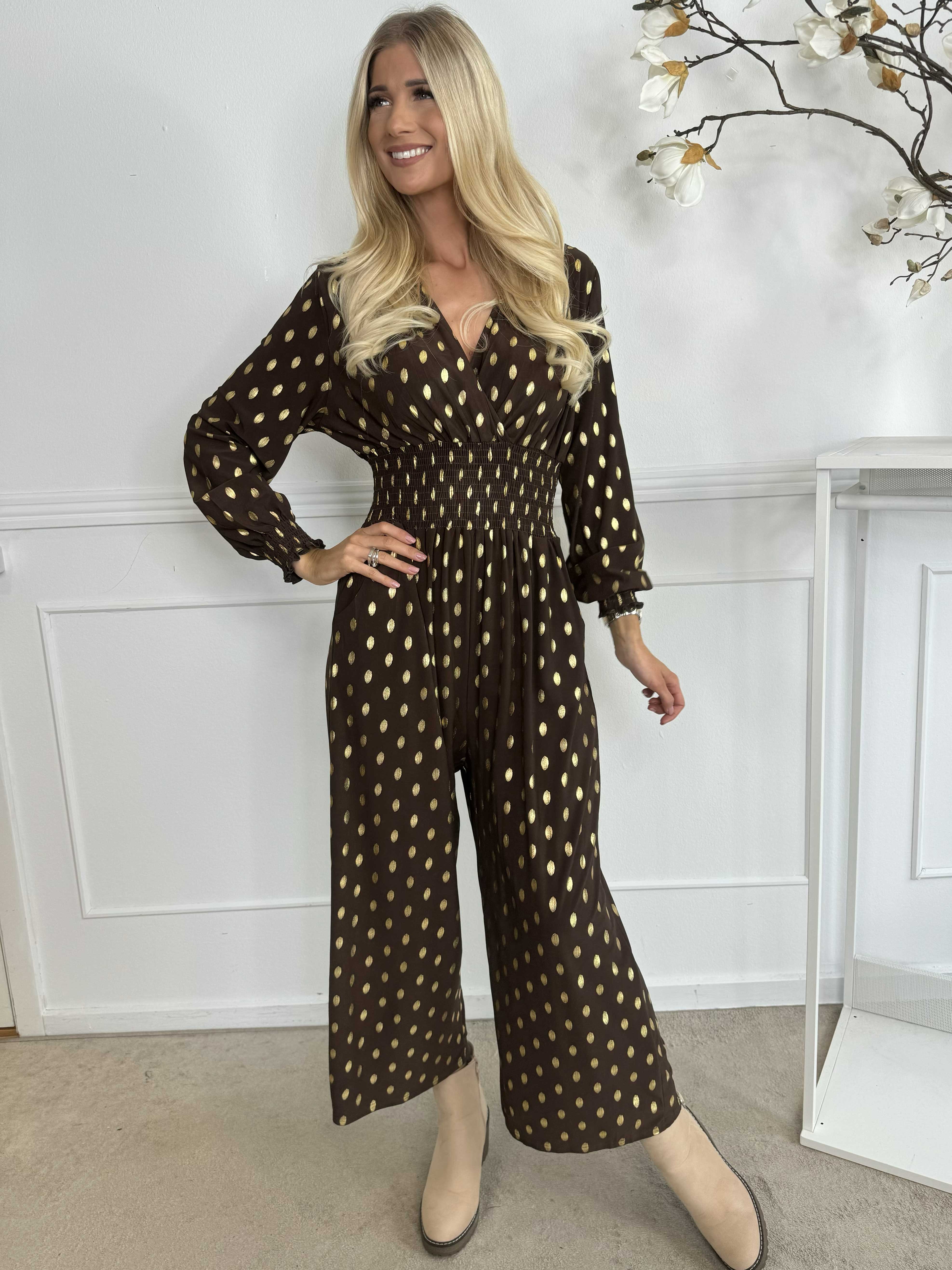 Pams Gold Dot Jumpsuit L/S - Jumpsuit i stretchigt tyg med guldprickar