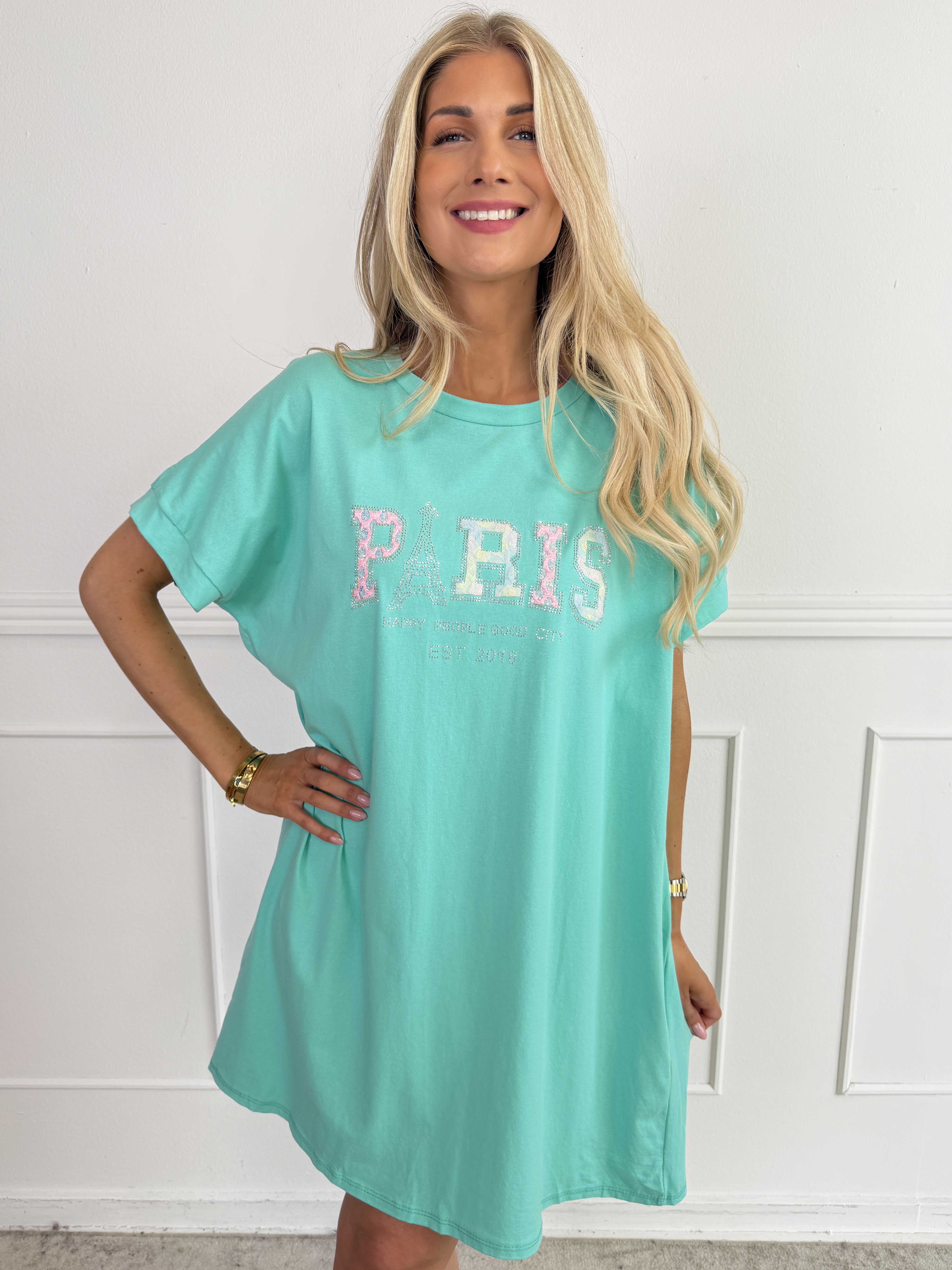 Milla - T-shirtkjole i bomuld med Paris stående med similisten