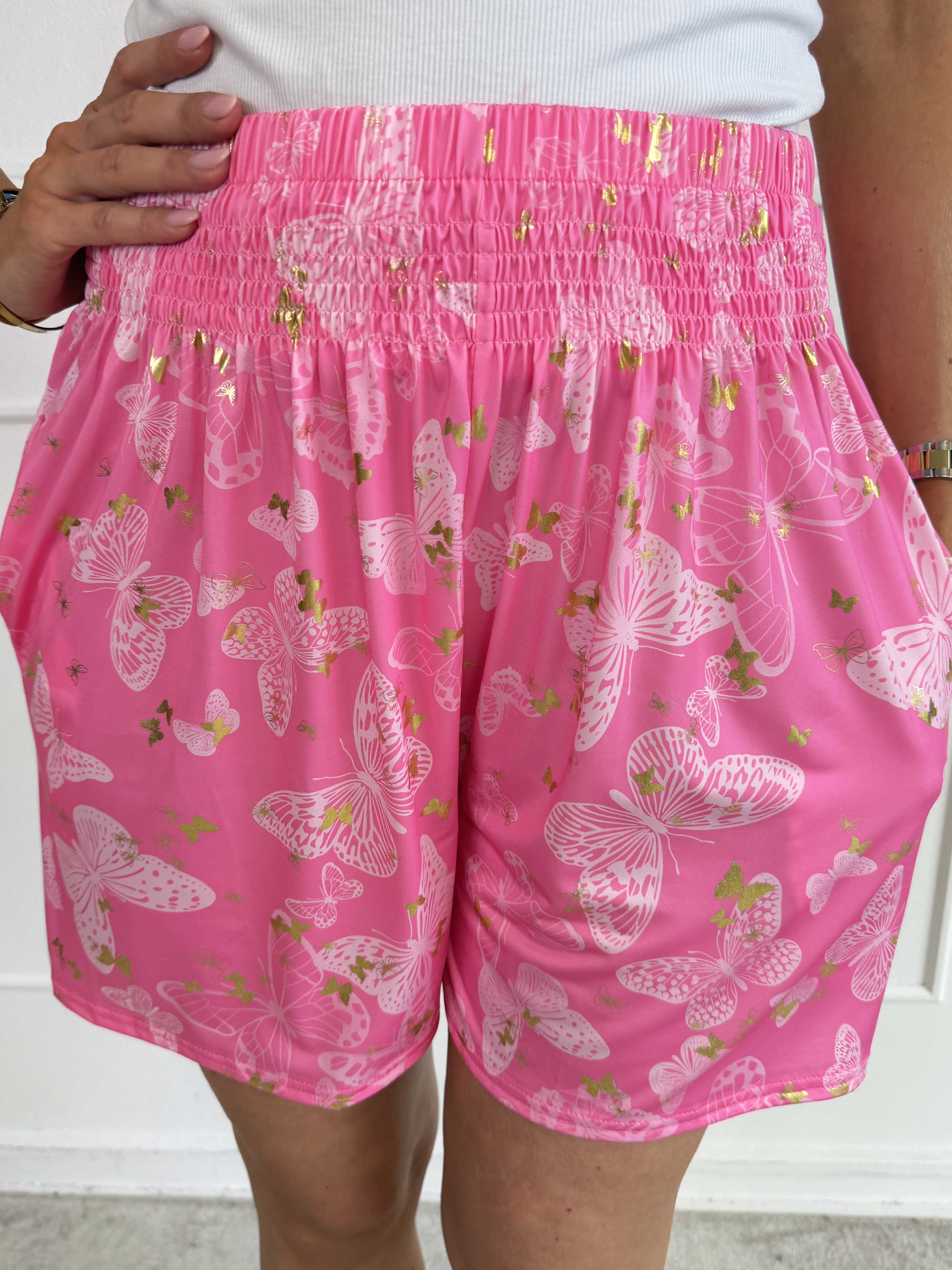 Pams Butterfly Shorts - Elastiske shorts med sommerfugleprint og gulddetaljer