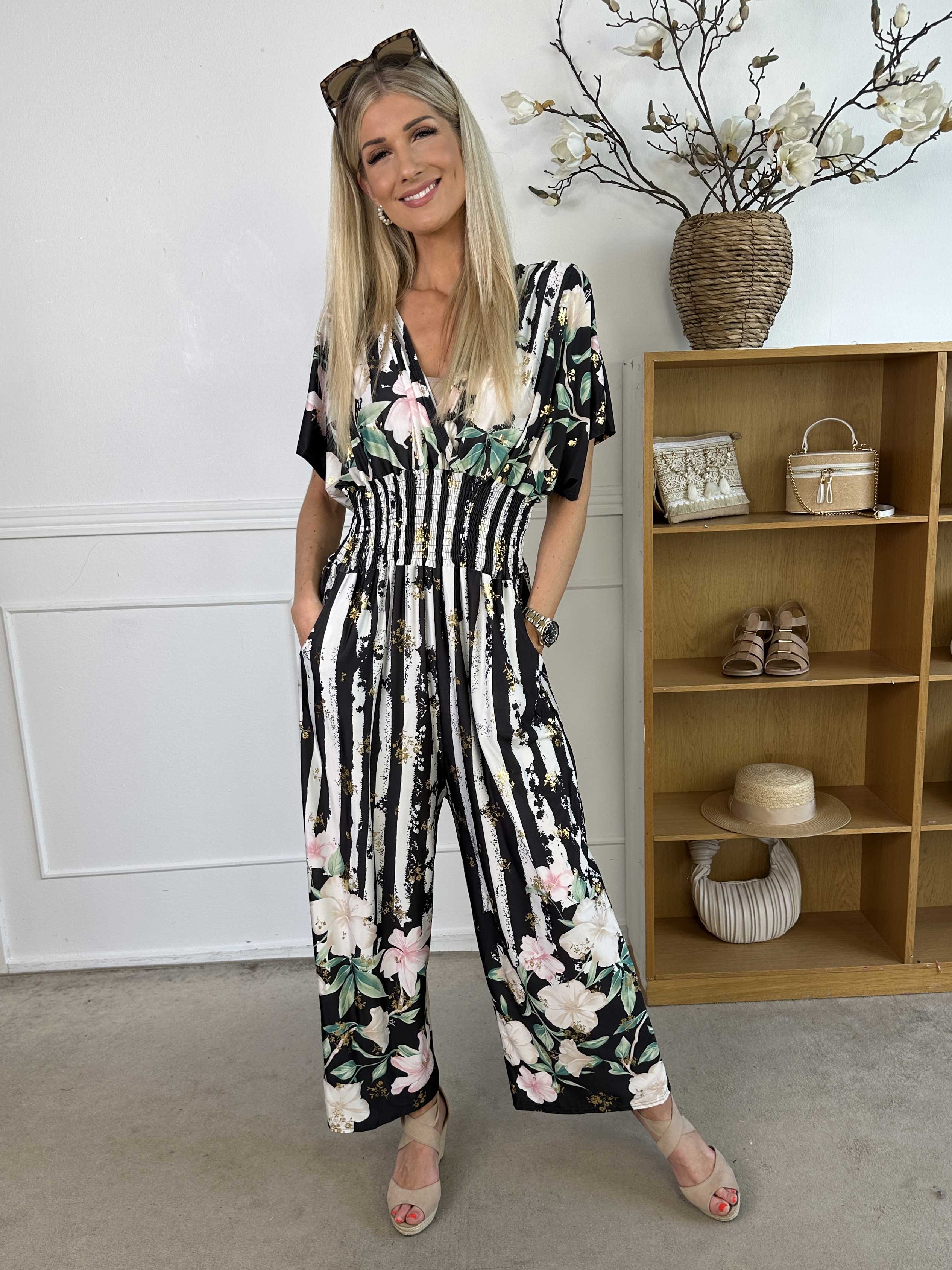 Pams Floral Stripe Jumpsuit - Stretchig jumpsuit med blommotiv