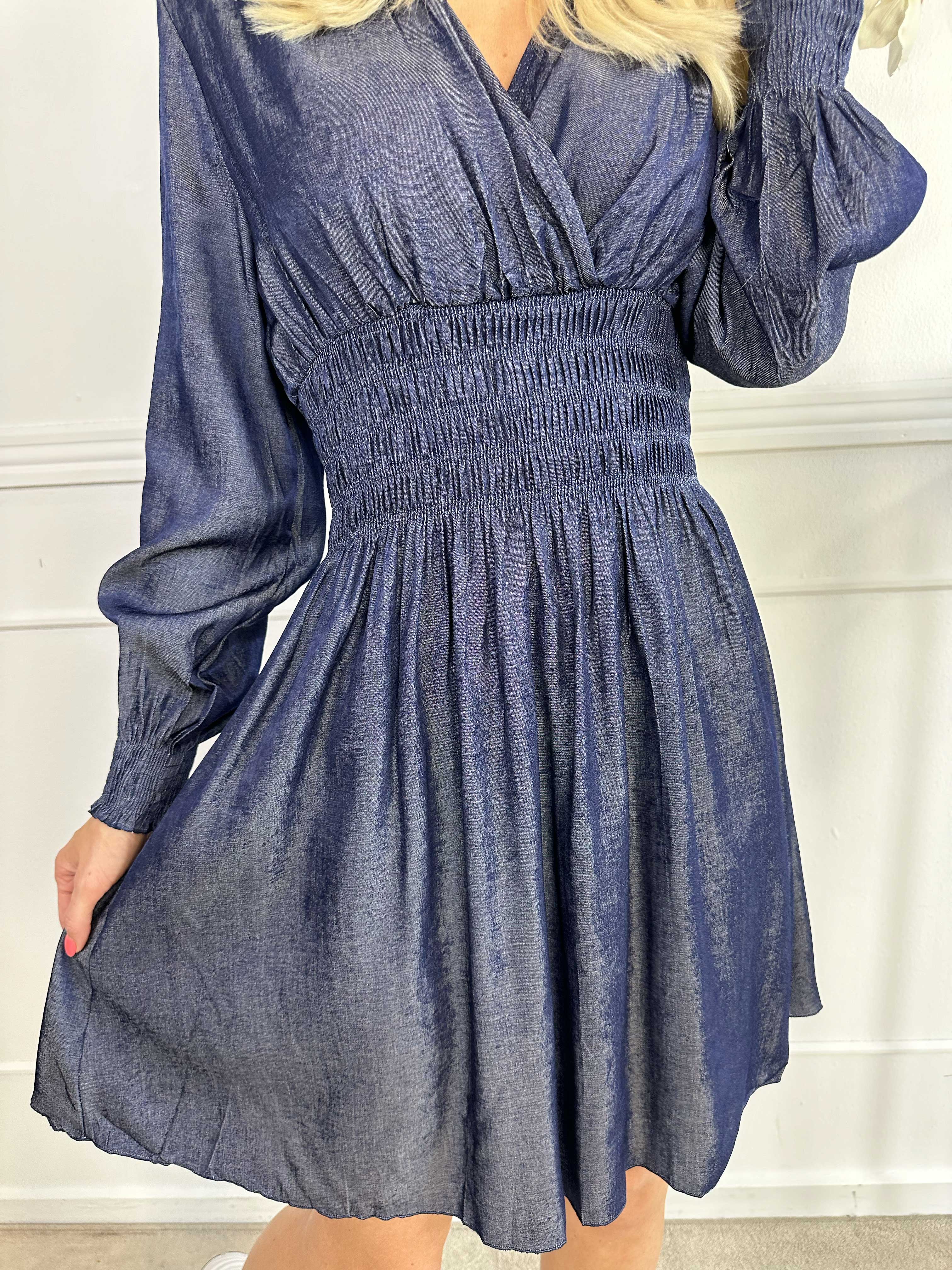 Pams Denim Short L/S - Klänning med smock i midjan