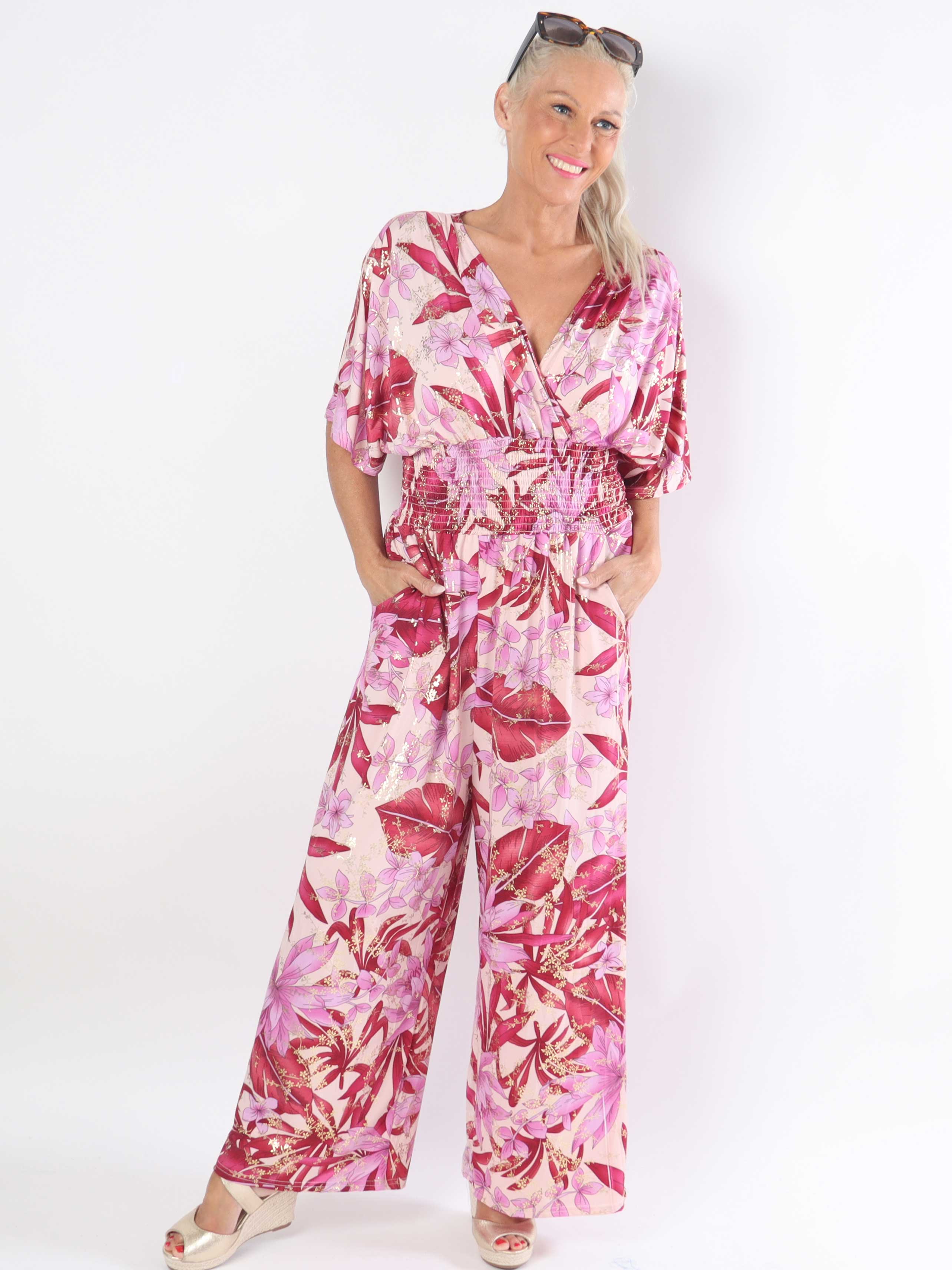 Pams Jumpsuit - Elastisk jumpsuit i plusstorlek med bladmönster