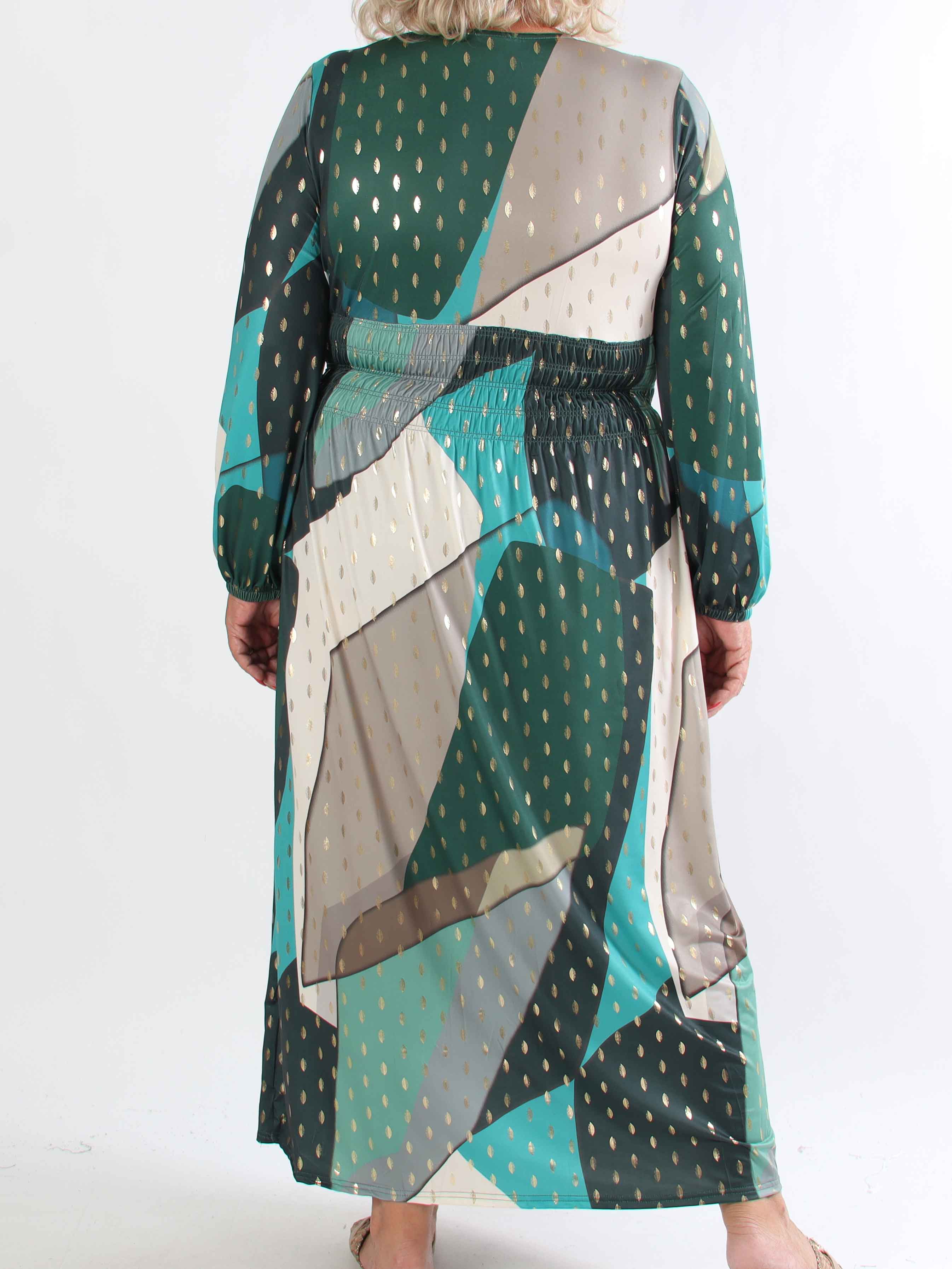 Pams Abstract L/S - Elastisk flerfärgad plus size klänning med gulddetaljer