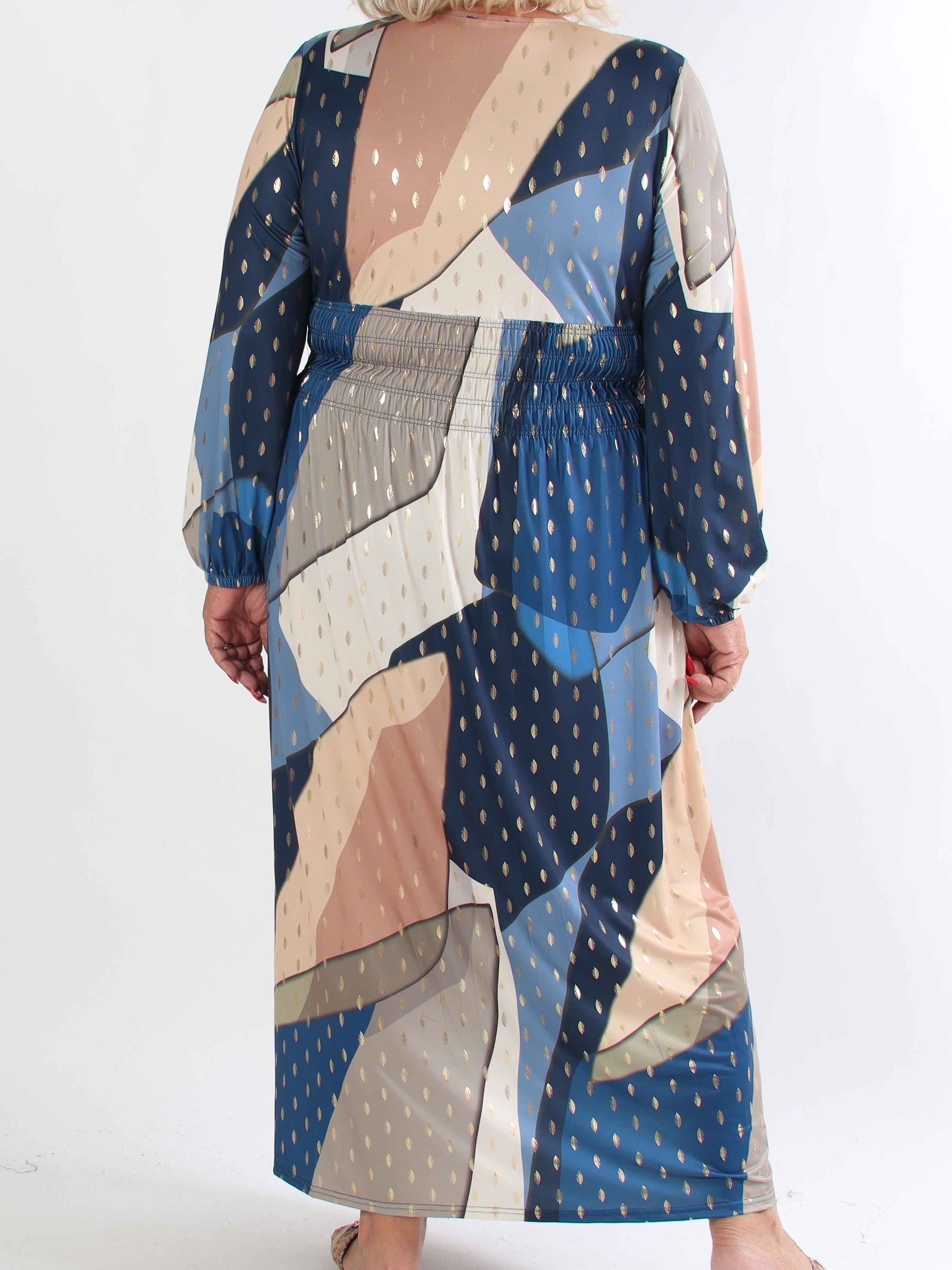 Pams Abstract L/S - Elastisk flerfärgad plus size klänning med gulddetaljer
